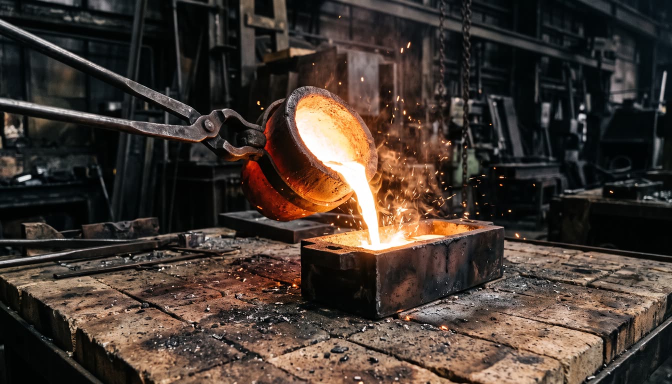 Flüssiges Metall läuft aus einem Graphittiegel in eine offene Barrenkokille; Funken und Hitzeflimmern über der Form.