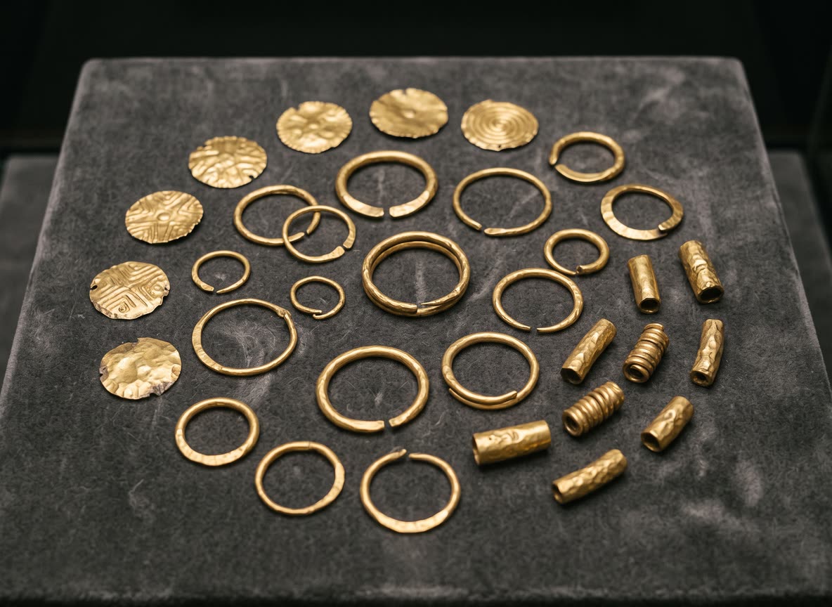Kleine, dünn getriebene Goldscheiben und Ringe aus prähistorischer Fertigung, auf dunklem Museumssamt ausgelegt.