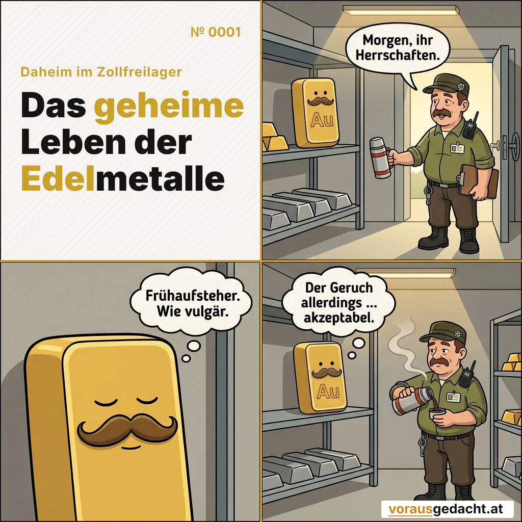 Wie beginnt der Tag im Zollfreilager eigentlich? Mit Kaffee. Und einer Prise Würde. Comic-Strip Nr. 0001: „Der Geruch“. Bild 1: Sepp schließt am Morgen die Lagertür auf, Thermoskanne in der Hand, Klemmbrett unter dem Arm. Goldbert sitzt über ihm im Regal, die Augen geschlossen. Sepp sagt: „Morgen, ihr Herrschaften.“ Bild 2: Nahaufnahme von Goldbert: Augen weiter zu, der Schnurrbart tadellos gezwirbelt. Goldbert denkt: „Frühaufsteher. Wie vulgär.“ Bild 3: Sepp gießt sich unter dem Regal Kaffee in den Becher. Der Dampf zieht an Goldbert vorbei – seine Augen sind halb offen, der Mund hebt sich kaum merklich. Goldbert denkt: „Der Geruch allerdings … akzeptabel.“