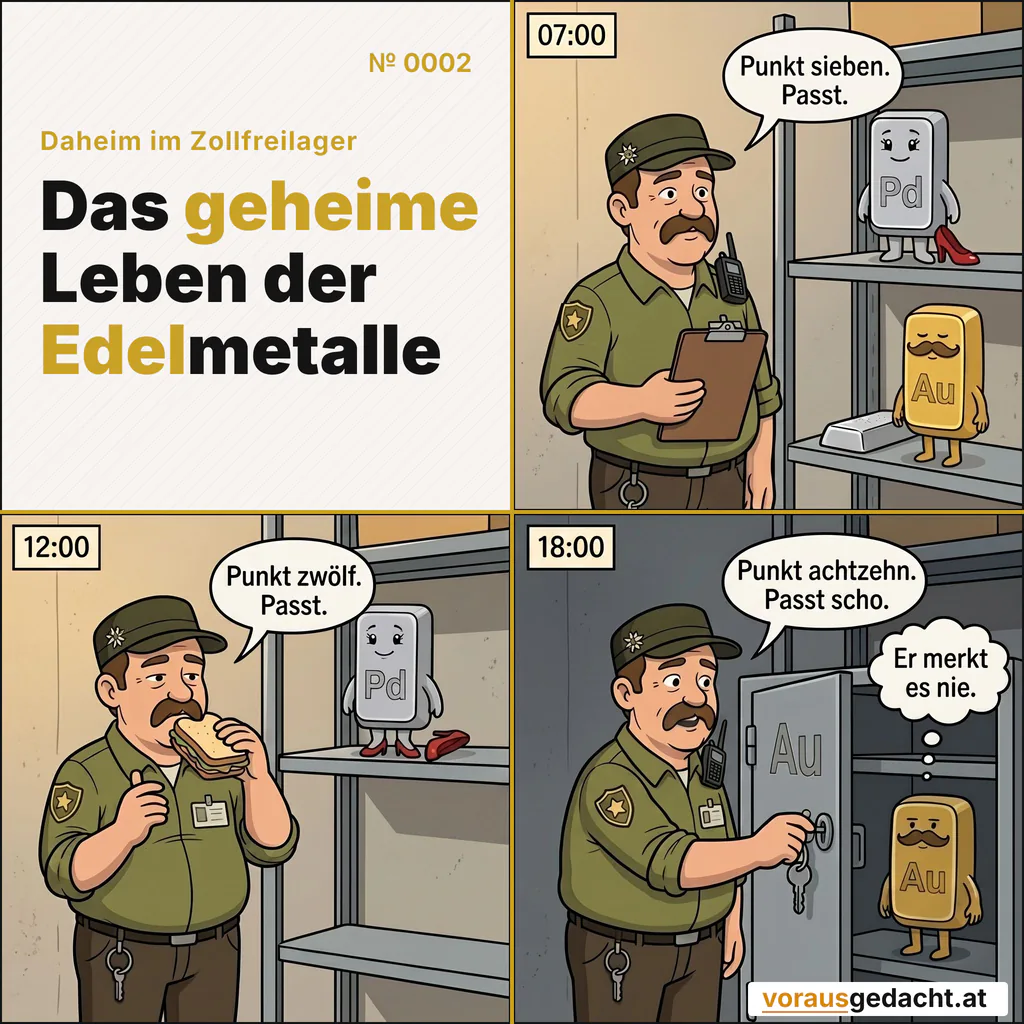 Dreimal passt. Und einmal merkt es niemand. Comic-Strip Nr. 0002: „Dreimal Passt“. Bild 1: 07:00 Uhr. Sepp steht mit Klemmbrett vor dem Regal. Hinter ihm steht Palladette reglos, ihr roter Schuh aufrecht auf ihrer linken Seite. Goldbert im Regal darüber hat die Augen zu. Sepp sagt: „Punkt sieben. Passt.“ Bild 2: 12:00 Uhr, gleicher Blickwinkel. Sepp isst ein Brot. Palladettes roter Schuh liegt jetzt umgekippt auf ihrer rechten Seite. Goldbert schaut mit halb geöffneten Augen zu, Sepp bemerkt nichts. Sepp sagt: „Punkt zwölf. Passt.“ Bild 3: 18:00 Uhr. Sepp sperrt das Regal ab. Der rote Schuh steht wieder aufrecht links, genau wie am Morgen. Goldbert sieht Sepp nach. Sepp sagt: „Punkt achtzehn. Passt scho.“ Goldbert denkt: „Er merkt es nie.“