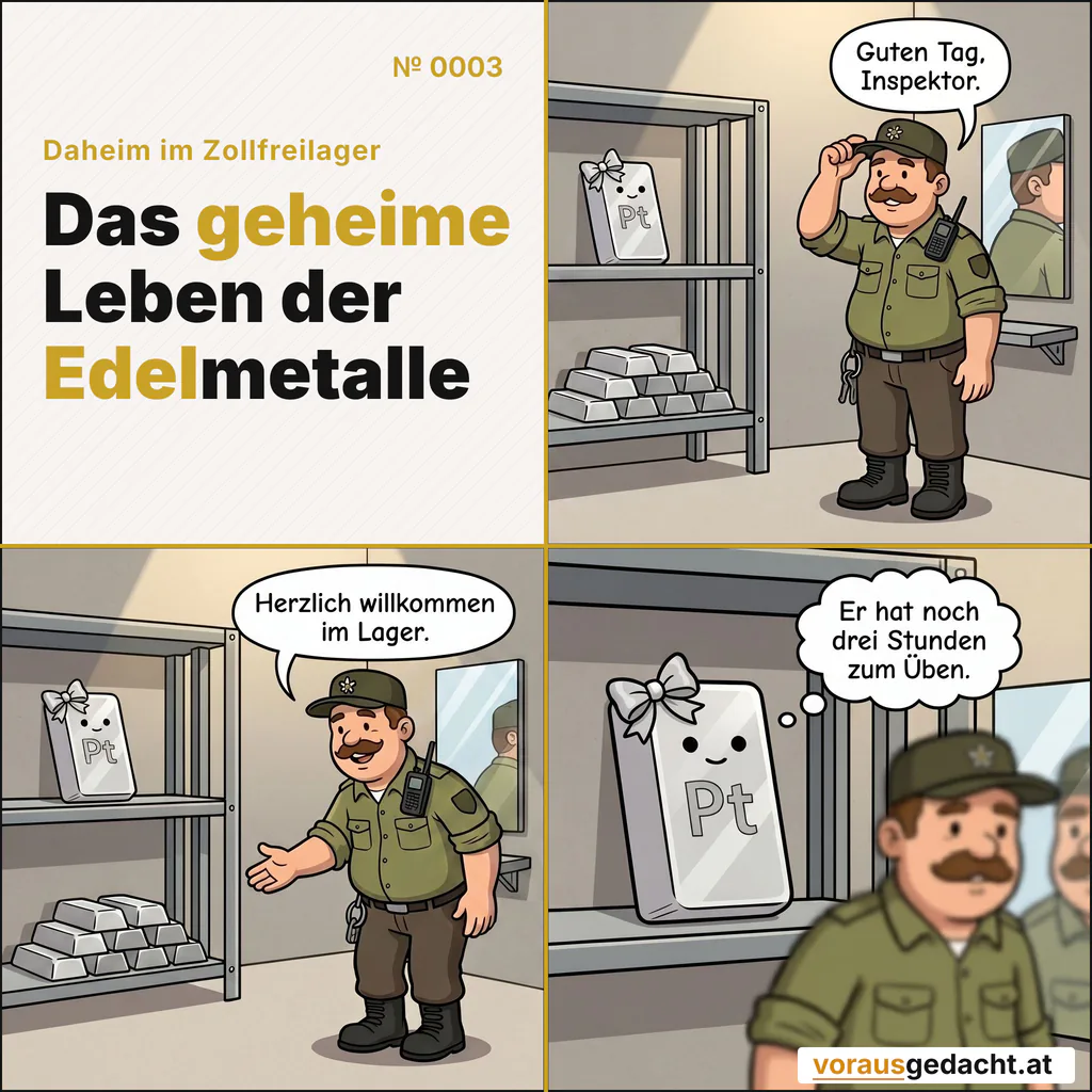 Vor Inspektionstagen ist im Lager viel los. Aber nur in Sepps Kopf. Comic-Strip Nr. 0003: „Drei Stunden“. Bild 1: Sepp übt vor einem kleinen Wandspiegel ein förmliches Lächeln und rückt seine Mütze zurecht. Platinette steht reglos im Regal hinter ihm und sieht zu. Sepp sagt: „Guten Tag, Inspektor.“ Bild 2: Sepp probiert es noch einmal, breiteres Lächeln, ausgestreckte Hand, leichte Verbeugung. Platinette beobachtet ihn weiter, die Schleife unbewegt. Sepp sagt: „Herzlich willkommen im Lager.“ Bild 3: Nahaufnahme von Platinette im Regal. Sepp verschwimmt im Vordergrund, mitten in der Verbeugung. Platinette denkt: „Er hat noch drei Stunden zum Üben.“