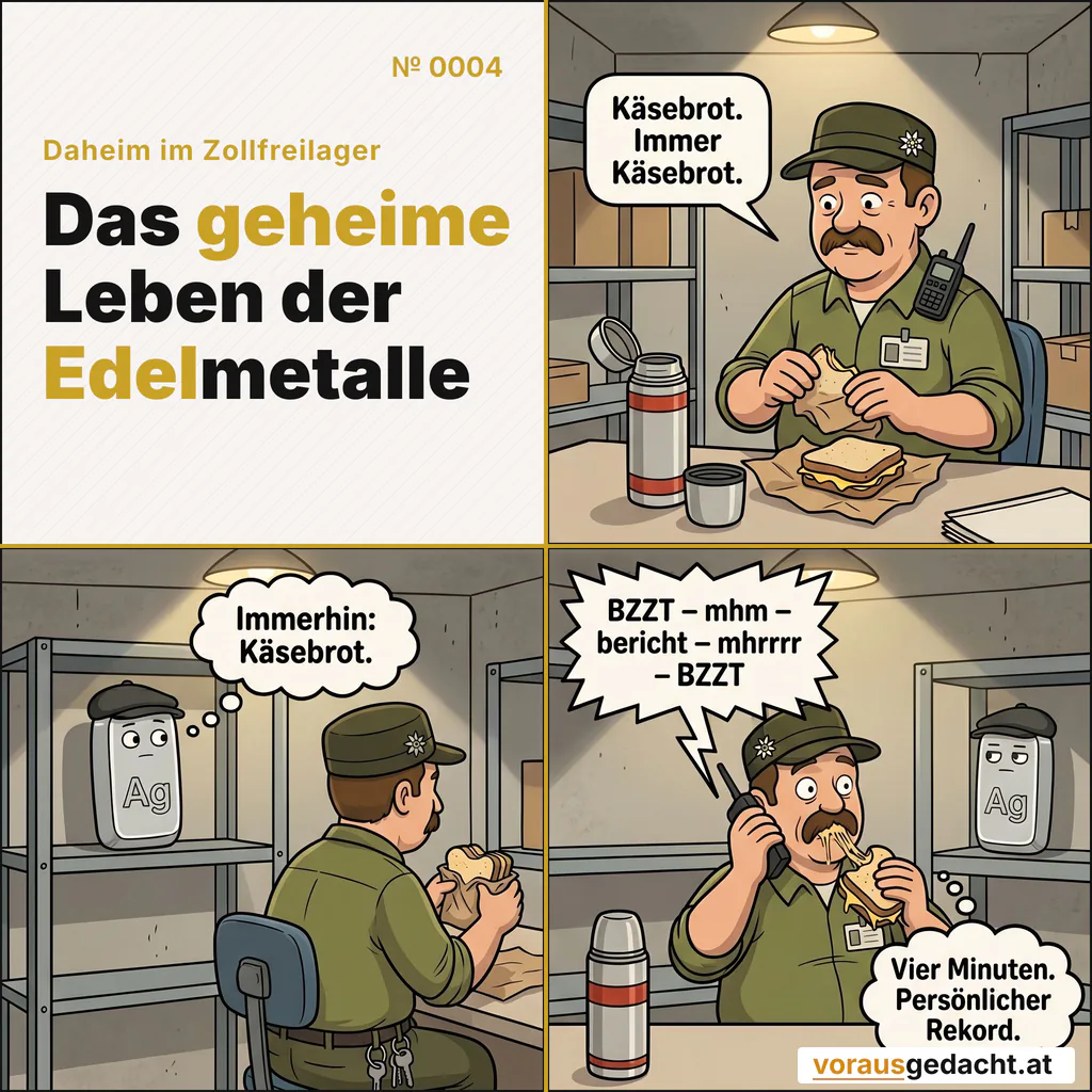 Die Mittagspause im Zollfreilager ist kurz. Meistens zu kurz. Comic-Strip Nr. 0004: „Käsebrot“. Bild 1: Sepp wickelt am Schreibtisch ein zerdrücktes Käsebrot aus Butterbrotpapier. Die Thermoskanne steht offen daneben. Sepp sagt: „Käsebrot. Immer Käsebrot.“ Bild 2: Silbert sitzt reglos im Regal hinter Sepp; nur seine Augen sind zum Brot gewandert. Silbert denkt: „Immerhin: Käsebrot.“ Bild 3: Das Funkgerät an Sepps Schulter knackt. Sepp erstarrt, das Brot auf halbem Weg zum Mund, der Käse hängt heraus. Silbert schaut unverändert auf das Brot. Der Chef funkt: „BZZT – mhm – bericht – mhrrrr – BZZT“ Silbert denkt: „Vier Minuten. Persönlicher Rekord.“