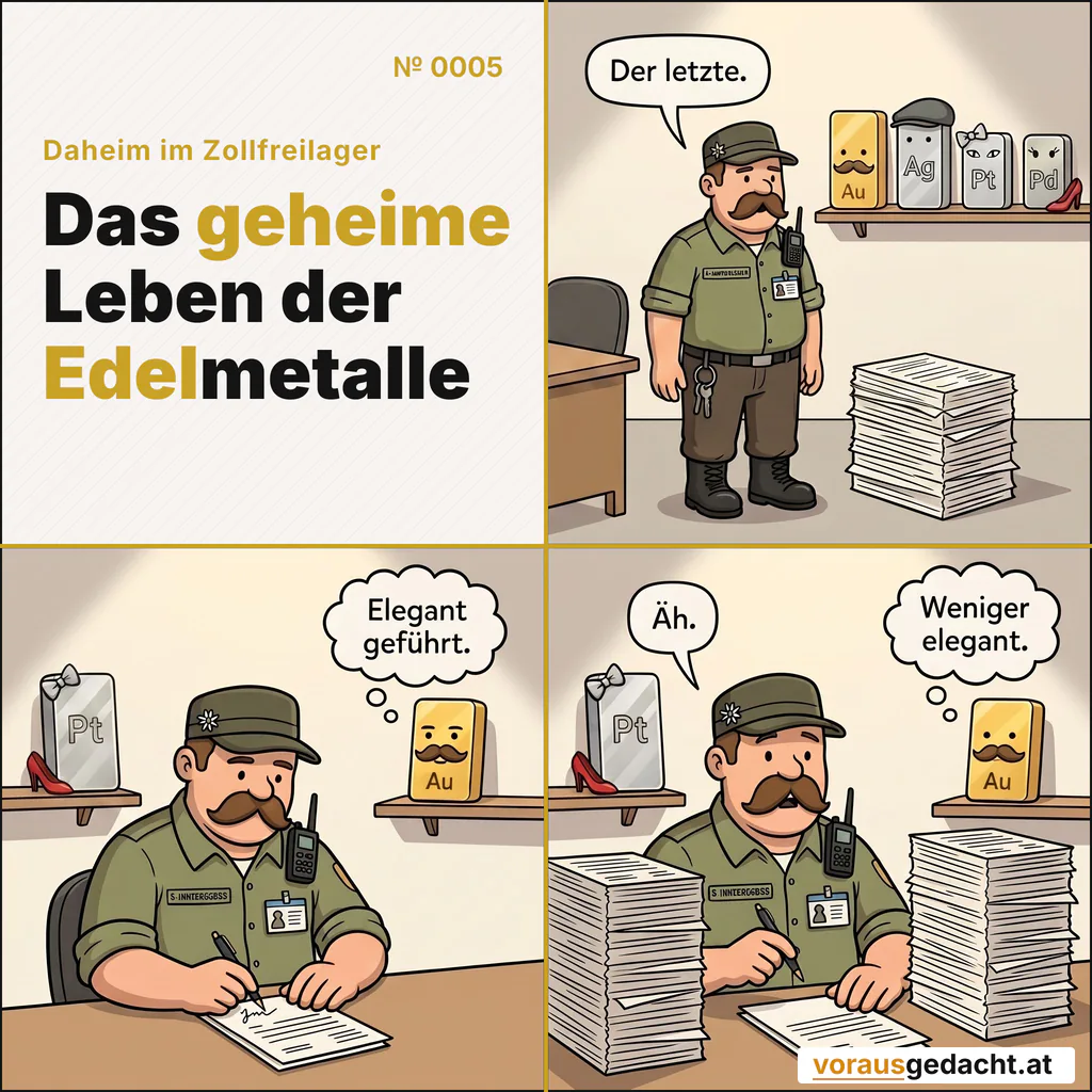 Papierkram im Lager: es gibt immer einen Stapel mehr. Comic-Strip Nr. 0005: „Der letzte Zettel“. Bild 1: Ein Turm aus Formularen auf Sepps Schreibtisch. Die vier Barren stehen ordentlich aufgereiht im Regal im Hintergrund. Sepp sagt: „Der letzte.“ Bild 2: Sepp unterschreibt das oberste Formular mit kleinem Schwung, sichtlich zufrieden. Goldbert steht reglos hinter ihm. Goldbert denkt: „Elegant geführt.“ Bild 3: Neben dem ersten Stapel steht jetzt ein zweiter, gleich hoher. Sepps Gesicht ist ausdruckslos, der Stift noch in der Luft. Sepp sagt: „Äh.“ Goldbert denkt: „Weniger elegant.“