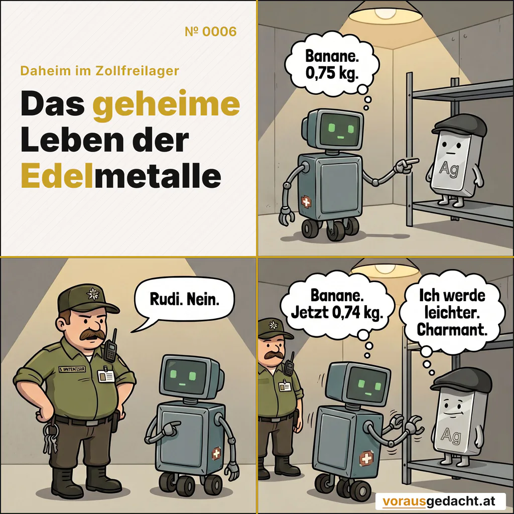 Rudi, unser Dienstroboter, hat Phasen. Silbert nimmt es mit Fassung. Comic-Strip Nr. 0006: „Banane“. Bild 1: Rudi, der alte Lagerroboter, richtet seinen wackeligen Greifarm auf Silbert im Regal, die Pixelaugen zusammengekniffen. R-3000 denkt: „Banane. 0,75 kg.“ Bild 2: Sepp steht neben Rudi, eine Hand in der Hüfte, und starrt auf den kleinen Bildschirm an Rudis Brust. Sepp sagt: „Rudi. Nein.“ Bild 3: Rudi hat sich dem Regal wieder zugewandt und scannt erneut, der Arm zittert. Silbert bleibt reglos. R-3000 denkt: „Banane. Jetzt 0,74 kg.“ Silbert denkt: „Ich werde leichter. Charmant.“
