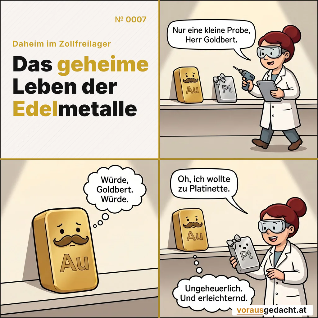 Feingehaltsprüfung im Lager: für die Barren ein langer Tag. Comic-Strip Nr. 0007: „Nur eine Probe“. Bild 1: Frau Dr. Assay betritt im weißen Kittel den Regalgang, die Schutzbrille auf der Stirn, einen winzigen Bohrer in der Hand. Goldbert und Platinette stehen reglos in benachbarten Regalen; sie geht auf Goldbert zu. Frau Dr. Assay sagt: „Nur eine kleine Probe, Herr Goldbert.“ Bild 2: Nahaufnahme von Goldbert: die Augen ein wenig zu weit offen, der Mund angespannt. Goldbert denkt: „Würde, Goldbert. Würde.“ Bild 3: Frau Dr. Assay ist an Goldberts Regal vorbeigegangen und hebt stattdessen behutsam Platinette heraus. Platinette wirkt höflich überrascht, Goldbert im Regal darüber sichtlich erleichtert. Frau Dr. Assay sagt: „Oh, ich wollte zu Platinette.“ Goldbert denkt: „Ungeheuerlich. Und erleichternd.“