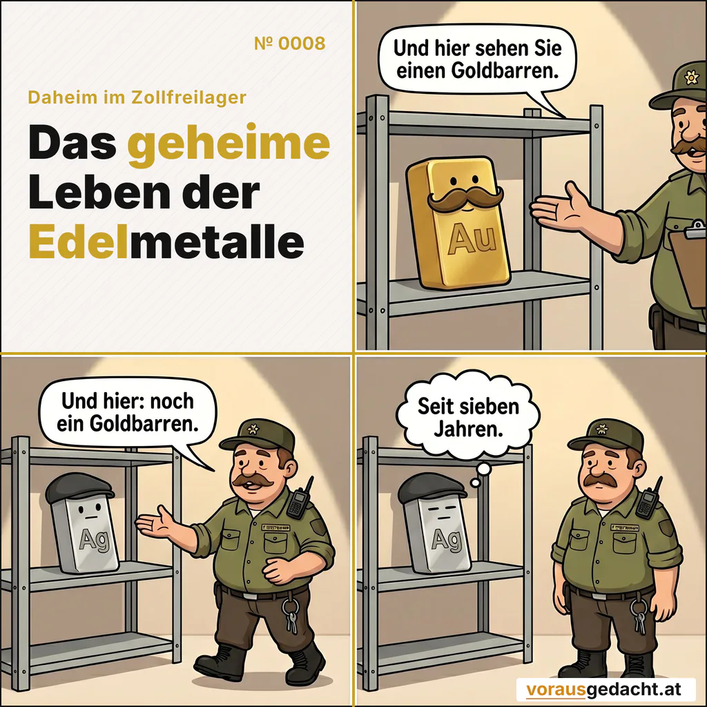 Sepp führt gerne Gruppen durchs Lager. Sehr gerne. Comic-Strip Nr. 0008: „Noch ein Goldbarren“. Bild 1: Sepp führt eine nicht sichtbare Besuchergruppe; zu sehen sind nur sein ausgestreckter Arm und das erhobene Klemmbrett. Er steht vor Goldberts Regal. Sepp sagt: „Und hier sehen Sie einen Goldbarren.“ Bild 2: Zwei Schritte weiter zeigt Sepp mit genau derselben Geste auf Silbert im nächsten Regal. Sepp sagt: „Und hier: noch ein Goldbarren.“ Bild 3: Silbert steht reglos im Regal, die flache Kappe exakt an ihrem Platz, den Blick ausdruckslos zu Boden gerichtet. Silbert denkt: „Seit sieben Jahren.“