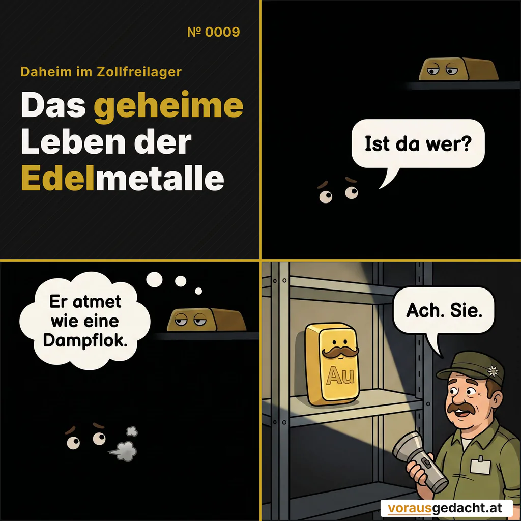 Stromausfall im Lager. Manche Ruhepole bleiben Ruhepole. Comic-Strip Nr. 0009: „Im Dunkeln“. Bild 1: Vollständige Dunkelheit, nur zwei Augenpaare schweben auf verschiedenen Höhen: Sepps weiter unten, Goldberts oben im Regal. Sepp sagt: „Ist da wer?“ Bild 2: Dieselbe Dunkelheit. Vor Sepps Augen erscheinen kleine weiße Atemwolken – er schnauft in der Kälte. Goldberts Augen darüber sind halb geschlossen. Goldbert denkt: „Er atmet wie eine Dampflok.“ Bild 3: Ein Taschenlampenstrahl geht an und zeigt Goldbert reglos im Regal, den Schnurrbart tadellos. Sepp hält die Lampe, sichtlich erleichtert. Sepp sagt: „Ach. Sie.“