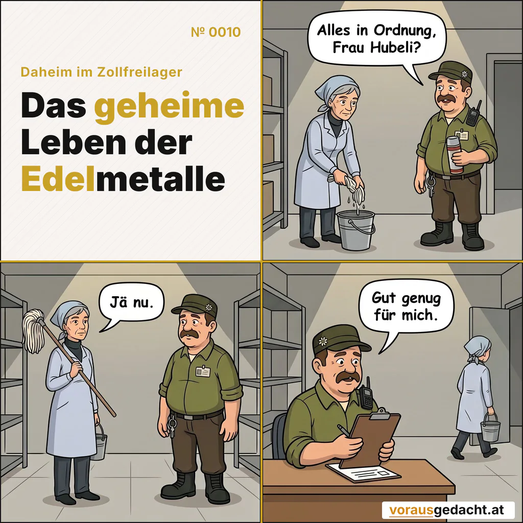 Schichtwechsel im Lager: kurz, präzise, eidgenössisch. Comic-Strip Nr. 0010: „Jä nu“. Bild 1: Frau Hubeli im hellblauen Kittel wringt einen Mopp über einem Eimer aus. Sepp kommt mit Thermoskanne und klimperndem Schlüsselbund aus dem Gang. Sepp sagt: „Alles in Ordnung, Frau Hubeli?“ Bild 2: Frau Hubeli lehnt den Mopp an die Schulter, das Gesicht unlesbar, und blickt an Sepp vorbei. Frau Hubeli sagt: „Jä nu.“ Bild 3: Sepp hakt an seinem Schreibtisch schon etwas auf dem Klemmbrett ab. Im Hintergrund trägt Frau Hubeli ihren Eimer zum Ausgang. Sepp sagt: „Gut genug für mich.“