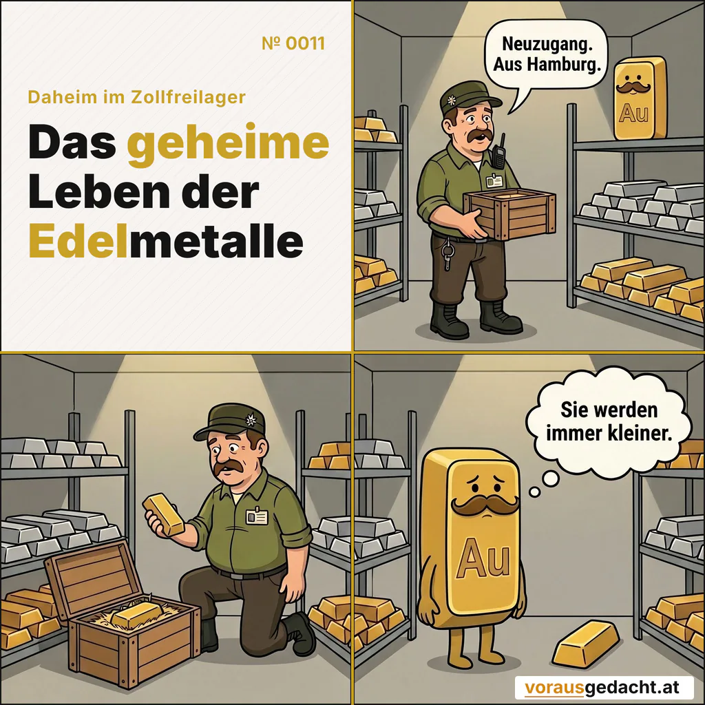 Neuer Barren im Lager. Kleiner als erwartet. Comic-Strip Nr. 0011: „Aus Hamburg“. Bild 1: Sepp trägt mit beiden Händen eine kleine Holzkiste in den Regalraum. Goldbert steht reglos im oberen Regal. Sepp sagt: „Neuzugang. Aus Hamburg.“ Bild 2: Sepp öffnet die Kiste auf einem niedrigen Regal. Darin liegt in Stroh ein winziger, schmuckloser Goldbarren ohne Schnurrbart. Sepp hält ihn ratlos hoch. Bild 3: Beide Barren nebeneinander: Goldbert oben in voller Größe, darunter der neue Barren, halb so groß und schmucklos. Goldbert starrt reglos zu ihm hinunter. Goldbert denkt: „Sie werden immer kleiner.“