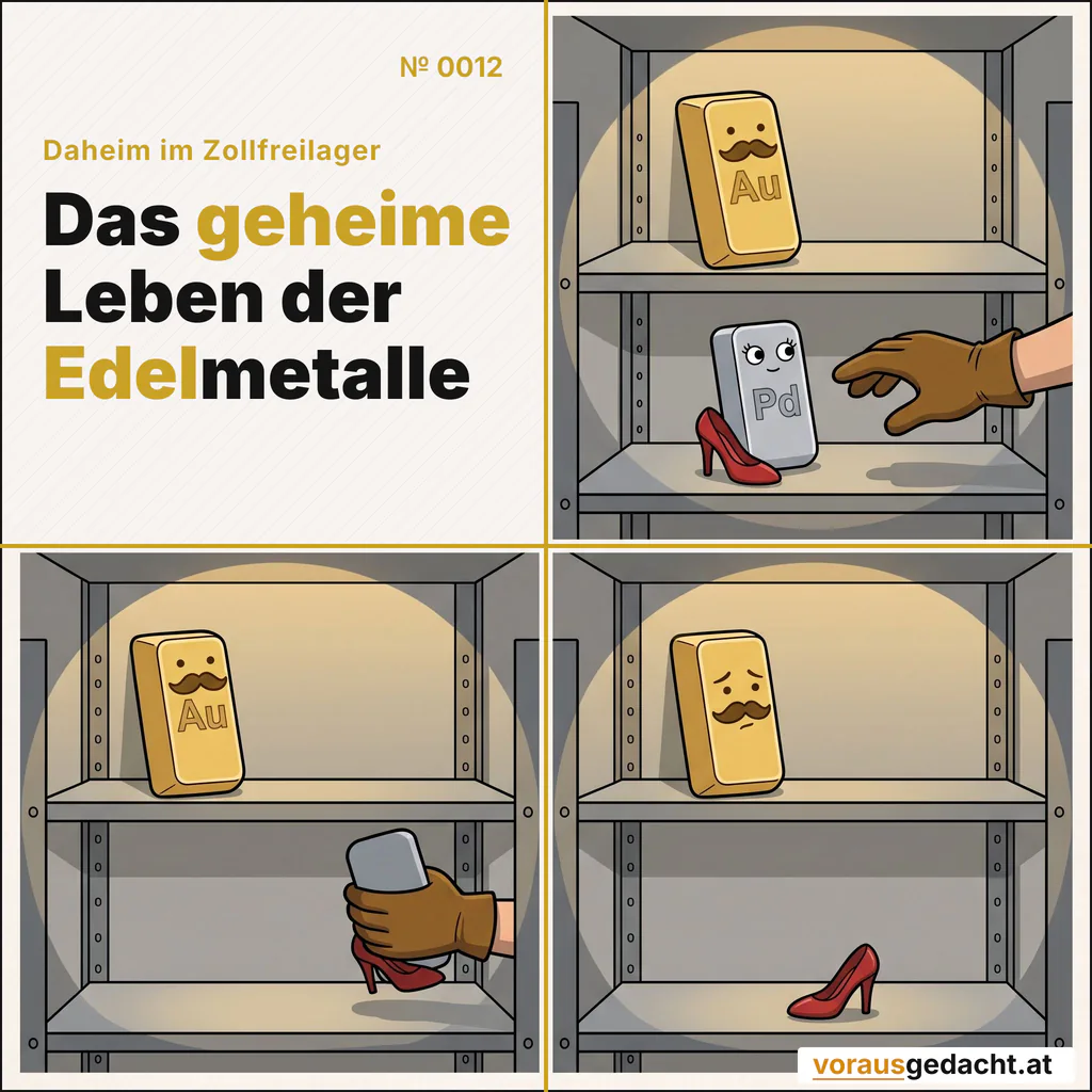 Manchmal verlässt jemand das Lager. Dann wird es eine Weile leiser. Comic-Strip Nr. 0012: „Abschied“. Bild 1: Eine behandschuhte Hand greift von rechts ins Bild nach Palladette im Regal. Goldbert sieht vom Regal darüber zu, die Augen weich. Bild 2: Dieselbe Hand trägt Palladette aus dem Bild; zu sehen ist nur noch ihre Silhouette mit dem roten Schuh an ihrem Fuß. Bild 3: Goldbert allein im Regal, kein Mensch mehr da. Er hat sich der leeren Stelle zugewandt. Der rote Schuh ist zurückgeblieben.