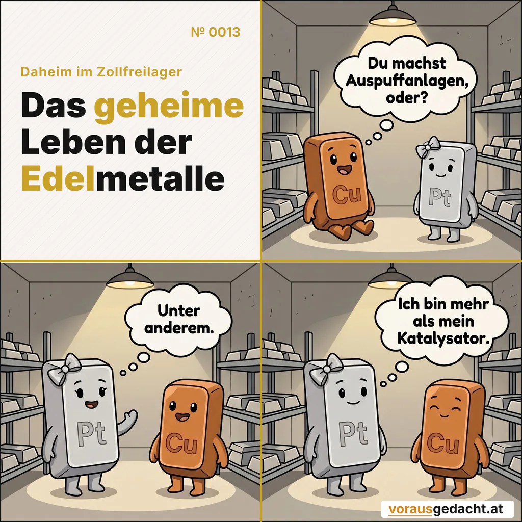 Platinette erklärt Kupferli, dass Platin mehr ist als Autoteile. Comic-Strip Nr. 0013: „Nicht nur Katalysator“. Bild 1: Kupferli sitzt eifrig auf einem niedrigen Regal neben Platinette, die Augen weit offen, den kleinen Kupferkörper vorgebeugt. Kein Mensch in Sicht. Kupferli denkt: „Du machst Auspuffanlagen, oder?“ Bild 2: Platinette schaut mit höflicher Geduld zu Kupferli hinüber, die Schleife ordentlich an ihrem Platz, eine kleine Hand erhoben. Platinette denkt: „Unter anderem.“ Bild 3: Kupferli blinzelt, immer noch eifrig. Platinettes Miene bleibt unverändert. Platinette denkt: „Ich bin mehr als mein Katalysator.“