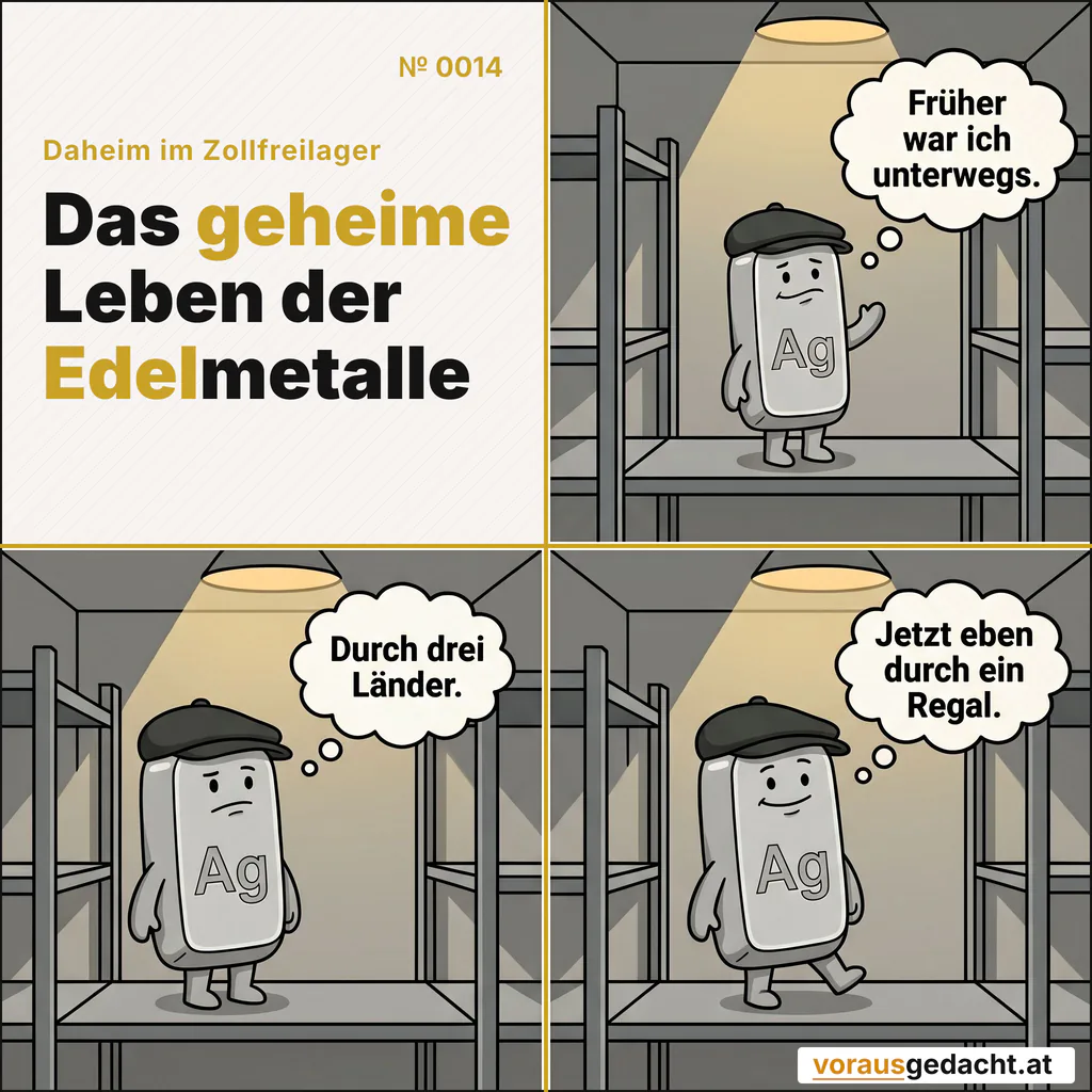 Silbert denkt über sein Leben nach. Kurz. Comic-Strip Nr. 0014: „Früher“. Bild 1: Silbert allein auf einem Regal, kein Mensch da. Ein einzelner Lichtstrahl fällt auf ihn, ein kurzer Arm ist wehmütig erhoben. Silbert denkt: „Früher war ich unterwegs.“ Bild 2: Dasselbe Regal. Der Arm ist gesunken, der Blick geht in die Ferne. Silbert denkt: „Durch drei Länder.“ Bild 3: Silberts Miene wird weich, ein schiefes kleines Lächeln; ein Bein streckt sich kurz aus. Silbert denkt: „Jetzt eben durch ein Regal.“