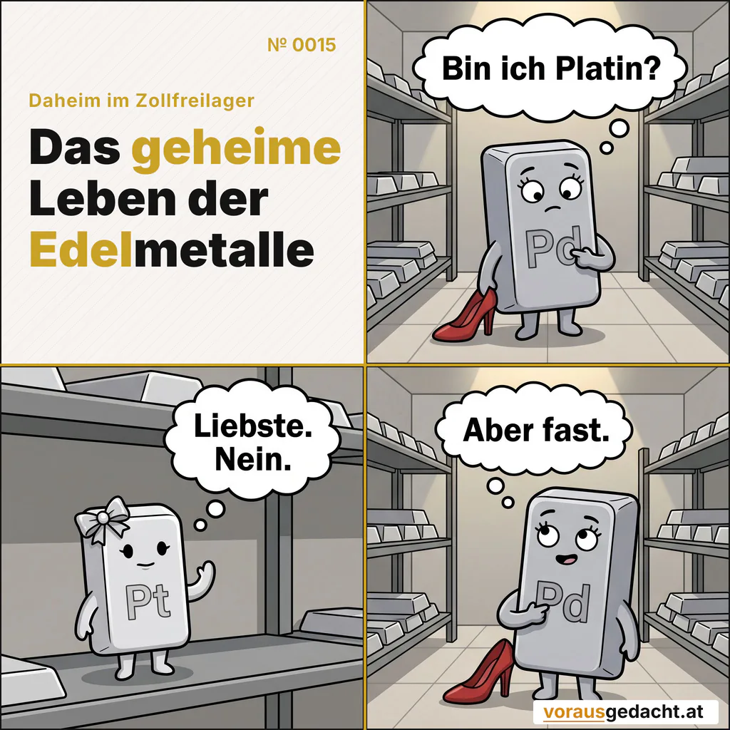 Palladette hat heute Fragen. Platinette hat Antworten. Comic-Strip Nr. 0015: „Identitätskrise“. Bild 1: Palladette starrt auf ihre eigene Vorderseite, die Augen leicht zusammengezogen, eine kurze Hand auf ihrem Pd-Zeichen. Der rote Schuh steht an ihrem Fuß. Palladette denkt: „Bin ich Platin?“ Bild 2: Platinette im Regal daneben blickt leicht alarmiert herüber, eine Hand zum sanften Einspruch erhoben, die Schleife perfekt sitzend. Platinette denkt: „Liebste. Nein.“ Bild 3: Palladette hebt den Blick von ihrer eigenen Vorderseite – halb beruhigt, halb hintergangen. Palladette denkt: „Aber fast.“