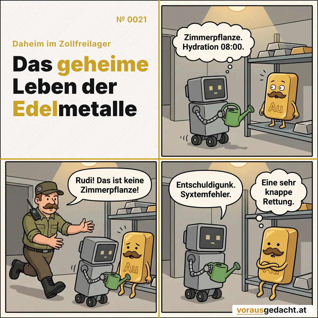 Rudi meint es gut. Rudi versteht es nicht. Comic-Strip Nr. 0021: „Rudi gießt“. Bild 1: Rudi rollt mit einer winzigen Gießkanne im Greifarm an Goldberts Regal heran. Goldbert steht reglos da, die Augen weit offen. R-3000 denkt: „Zimmerpflanze. Hydration 08:00.“ Bild 2: Sepp läuft mit ausgebreiteten Armen ins Bild, das Klemmbrett vergessen. Rudi kippt die Kanne zögernd über Goldbert. Sepp sagt: „Rudi! Das ist keine Zimmerpflanze!“ Bild 3: Rudi hält inne, die Pixelaugen werden dunkler. Goldbert bleibt vollkommen reglos – ein einzelner Wassertropfen schwebt Zentimeter über seiner polierten Oberfläche. R-3000 denkt: „Entschuldigunk. Syxtemfehler.“ Goldbert denkt: „Eine sehr knappe Rettung.“
