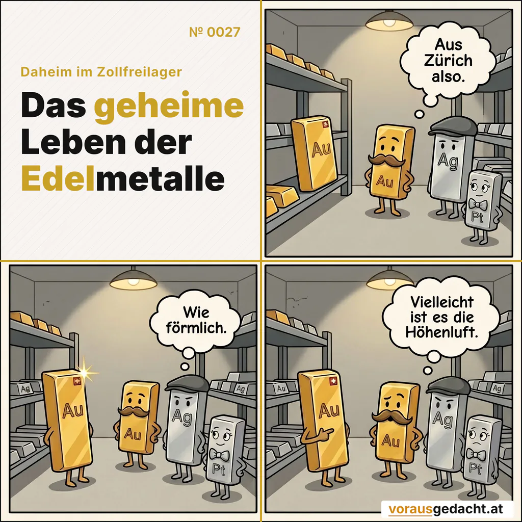 Gastbesuch aus einem anderen Lager. Man begrüßt, man wartet ab. Comic-Strip Nr. 0027: „Besuch aus Zürich“. Bild 1: Ein fremder Barren steht im Regal, etwas anders proportioniert, mit „Au“ graviert und einem winzigen Schweizerkreuz in der Ecke. Die vier Gastgeber sehen höflich zu. Goldbert denkt: „Aus Zürich also.“ Bild 2: Der Besucher sagt nichts und steht sehr gerade, das Schweizerkreuz blitzt. Palladette lehnt sich ein wenig zu Platinette hinüber. Palladette denkt: „Wie förmlich.“ Bild 3: Nach langer Pause verschiebt sich Goldberts Schnurrbart um eine Haaresbreite. Der Besucher steht unverändert. Goldbert denkt: „Vielleicht ist es die Höhenluft.“