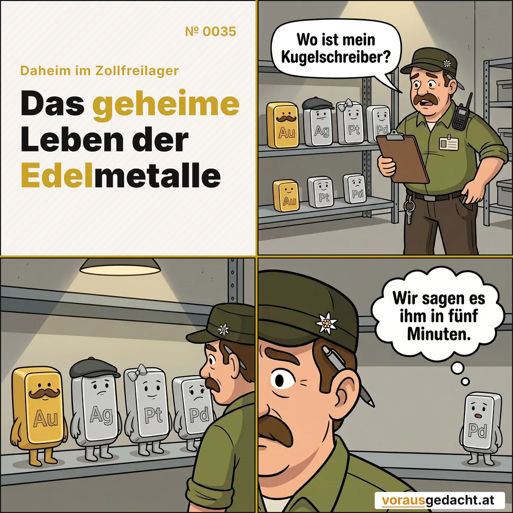 Verloren. Hinterm Ohr. Wie immer. Comic-Strip Nr. 0035: „Der Kugelschreiber“. Bild 1: Sepp durchwühlt hektisch seine Taschen, das Klemmbrett in der anderen Hand. Die vier Barren beobachten ihn reglos aus dem Regal. Sepp sagt: „Wo ist mein Kugelschreiber?“ Bild 2: Alle vier bleiben vollkommen still – nur ihre Augen zeigen auf ein und dieselbe Stelle: Sepps rechtes Ohr. Bild 3: Nahaufnahme von Sepps Ohr: der Kugelschreiber steckt dahinter, vollkommen offensichtlich. Palladette denkt: „Wir sagen es ihm in fünf Minuten.“