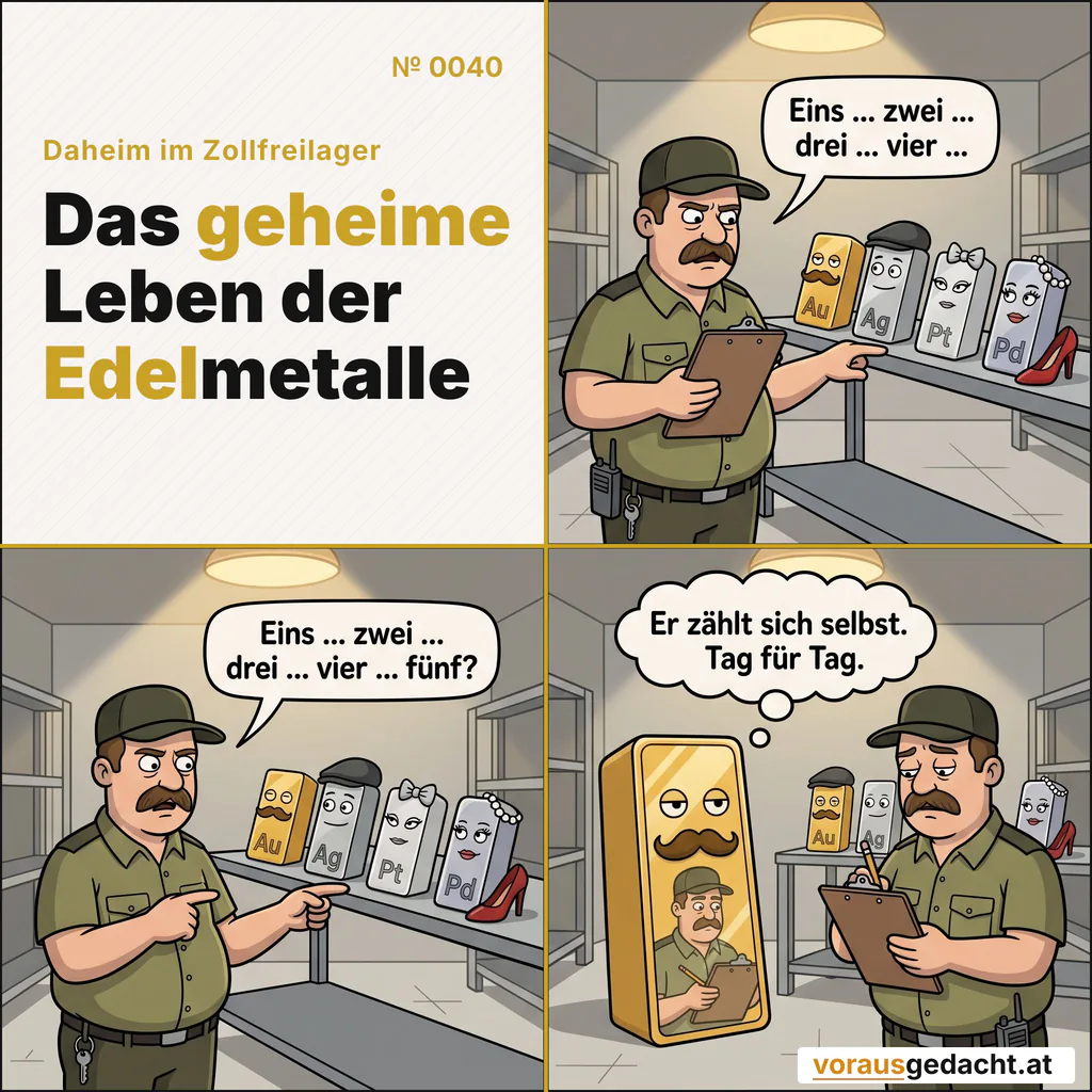 Inventur im Lager. Sepp ist sehr gründlich, auch mit sich selbst. Comic-Strip Nr. 0040: „Fünf Goldbarren“. Bild 1: Sepp zählt mit dem Klemmbrett das Regal ab: Goldbert, Silbert, Platinette, Palladette. Er runzelt die Stirn, alle vier stehen reglos. Sepp sagt: „Eins … zwei … drei … vier …“ Bild 2: Sepp beginnt vom anderen Ende noch einmal und zeigt entschlossener. Dieselben vier Barren, dieselbe Haltung. Sepp sagt: „Eins … zwei … drei … vier … fünf?“ Bild 3: Der fünfte ist Sepps eigenes Spiegelbild in Goldberts polierter Vorderseite. Sepp bemerkt es, seufzt und hakt das Kästchen ab. Goldbert denkt: „Er zählt sich selbst. Tag für Tag.“