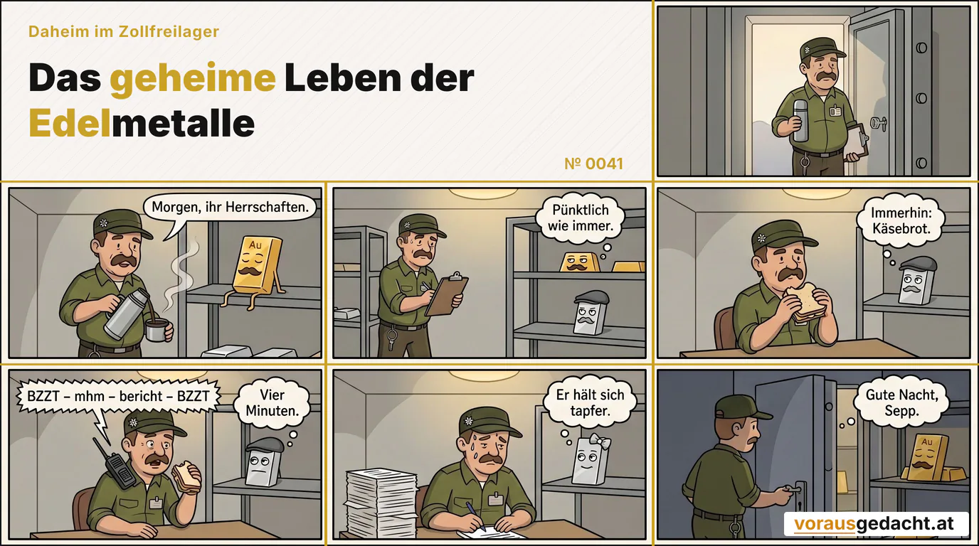 Ein ganzer Arbeitstag im Zollfreilager. Sieben Momente. Sepp merkt wenig. Die Barren alles. Comic-Strip Nr. 0041: „Ein Tag mit Sepp“. Bild 1: Sepp hat das schwere Haupttor des Lagers aufgeschlossen; hinter ihm fällt weiches Morgenlicht herein. Thermoskanne in der Rechten, Klemmbrett unter dem linken Arm. Bild 2: Sepp gießt vor einem Regal Kaffee in den Becher seiner Thermoskanne. Der Dampf steigt zu Goldbert hinauf, der auf Augenhöhe reglos im Regal sitzt. Sepp sagt: „Morgen, ihr Herrschaften.“ Bild 3: Sepp geht die Regalreihe entlang und hakt etwas auf dem Klemmbrett ab. Hinter ihm hat Goldbert die Augen geöffnet und blickt ausdruckslos auf seinen Rücken; Silbert steht ein Regal tiefer. Goldbert denkt: „Pünktlich wie immer.“ Bild 4: Sepp sitzt am Schreibtisch und wickelt ein Käsebrot aus. Silbert steht reglos im Regal hinter ihm, die Augen zum Brot gewandert. Silbert denkt: „Immerhin: Käsebrot.“ Bild 5: Das Funkgerät an Sepps linker Schulter knackt. Das Brot bleibt auf halbem Weg in der Luft stehen, Sepp neigt den Kopf zum Gerät. Silbert schaut ausdruckslos zu. Der Chef funkt: „BZZT – mhm – bericht – BZZT“ Silbert denkt: „Vier Minuten.“ Bild 6: Sepp wieder am Schreibtisch, ein hoher Stapel Formulare neben sich, den Stift in der Hand, müde, ein Schweißtropfen an der Schläfe. Platinette steht reglos im Regal hinter ihm. Platinette denkt: „Er hält sich tapfer.“ Bild 7: Sepp steht draußen vor der Lagertür, den Schlüssel im Schloss. Durch den Spalt ist im Abendlicht Goldberts Regal zu sehen – er steht reglos da, die Augen sanft geschlossen. Goldbert denkt: „Gute Nacht, Sepp.“