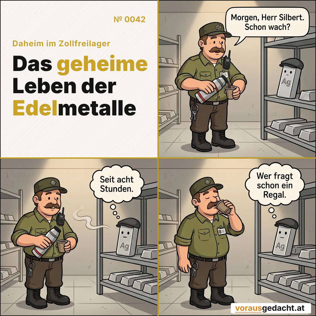 Sepps Morgenroutine. Silberts Nachtschicht. Niemand merkt den Unterschied. Comic-Strip Nr. 0042: „Morgenkaffee“. Bild 1: Sepp am Lagereingang gießt aus der Thermoskanne Kaffee in den Becher. Silbert steht auf Augenhöhe reglos im Regal, die Kappe an ihrem Platz. Sepp sagt: „Morgen, Herr Silbert. Schon wach?“ Bild 2: Gleiche Einstellung: eine Dampfschwade zieht zu Silbert hinüber. Er steht unverändert, nur die Augen sind minimal zur Seite gewandert. Silbert denkt: „Seit acht Stunden.“ Bild 3: Sepp nimmt zufrieden einen Schluck, die Augen geschlossen. Silbert schaut ausdruckslos geradeaus. Silbert denkt: „Wer fragt schon ein Regal.“