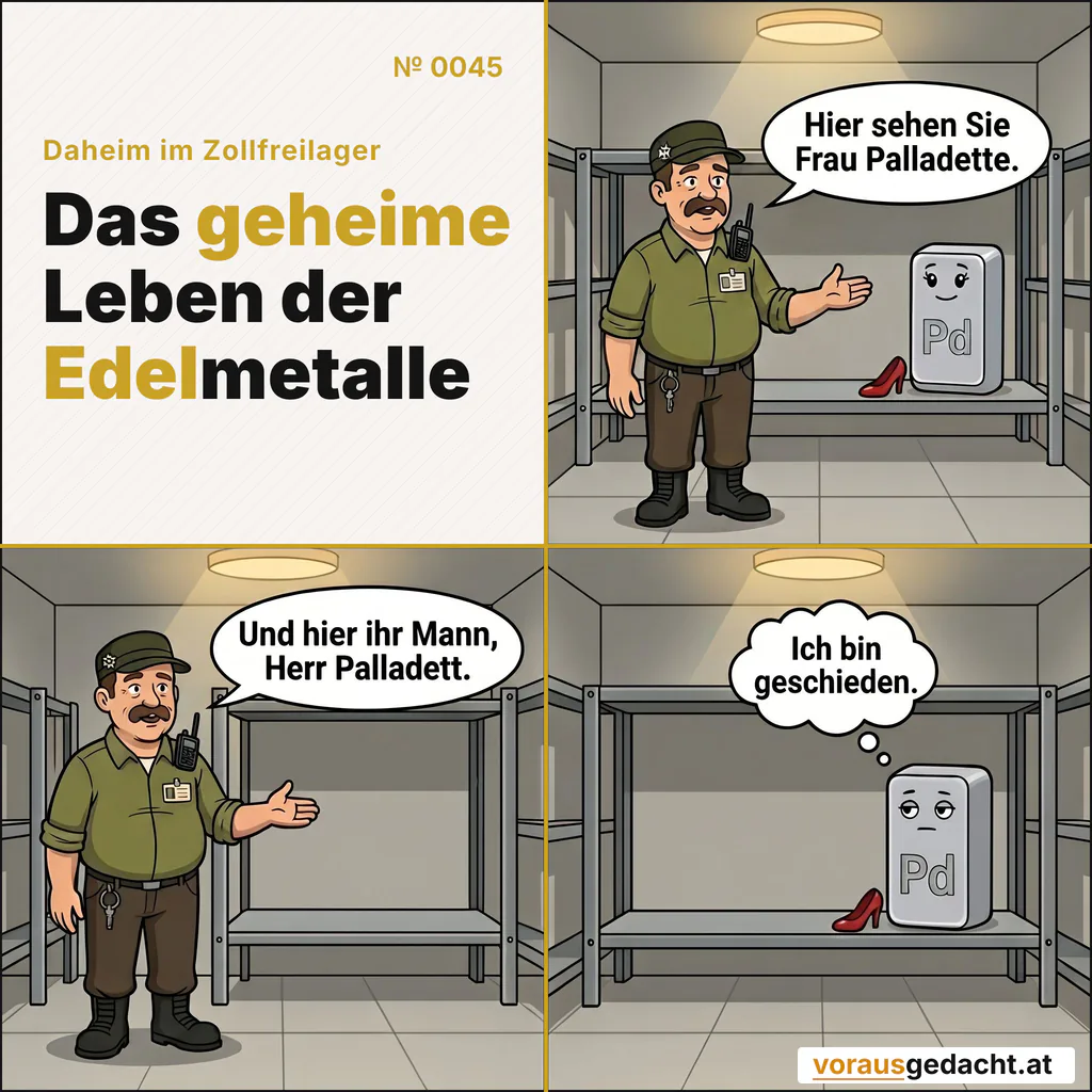 Sepps Tour-Skript hat einige Lücken im Personenstand. Comic-Strip Nr. 0045: „Geschieden“. Bild 1: Sepp steht in Führungshaltung vor einem Regal und gestikuliert zu Besuchern außerhalb des Bildes. Palladette steht reglos im Regal, der rote Schuh an ihrem Fuß. Sepp sagt: „Hier sehen Sie Frau Palladette.“ Bild 2: Gleiche Einstellung: Sepp präsentiert nun mit voller Überzeugung eine deutlich leere Stelle im selben Regal. Sepp sagt: „Und hier ihr Mann, Herr Palladett.“ Bild 3: Weite Einstellung des Regals: zu sehen sind nur Palladette und die leere Stelle neben ihr. Palladette blickt ausdruckslos geradeaus. Palladette denkt: „Ich bin geschieden.“