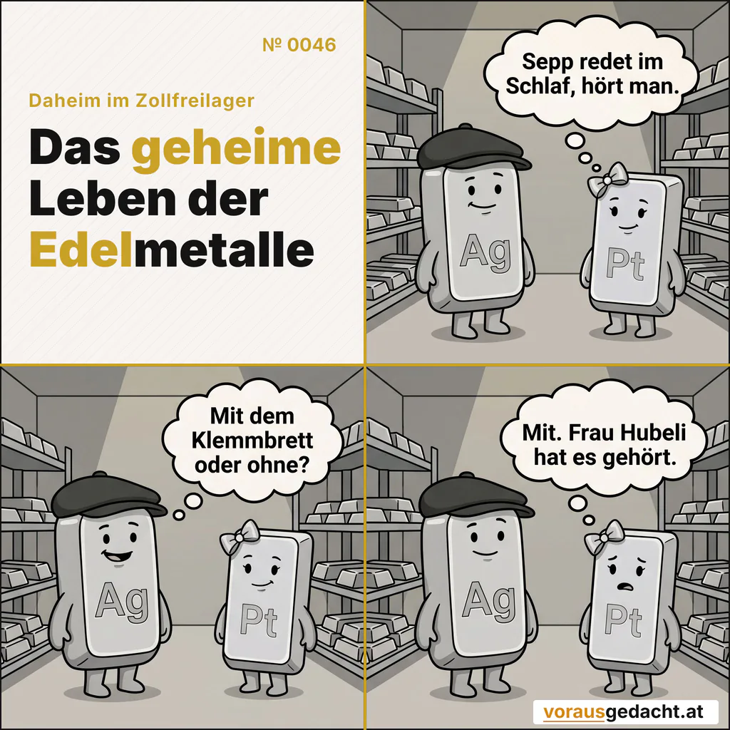 Tratsch im Lager. Quellen sind anonym, aber zuverlässig. Comic-Strip Nr. 0046: „Was Sepp redet“. Bild 1: Silbert und Platinette stehen in benachbarten Regalen, leicht einander zugewandt, kein Mensch in Sicht. Platinette denkt: „Sepp redet im Schlaf, hört man.“ Bild 2: Gleiche Einstellung: Silberts Kappe kippt eine Spur, seine Augen sind belustigt. Silbert denkt: „Mit dem Klemmbrett oder ohne?“ Bild 3: Gleiche Einstellung: Platinettes Schleife verrutscht kaum merklich – ein kleines Seufzen. Platinette denkt: „Mit. Frau Hubeli hat es gehört.“