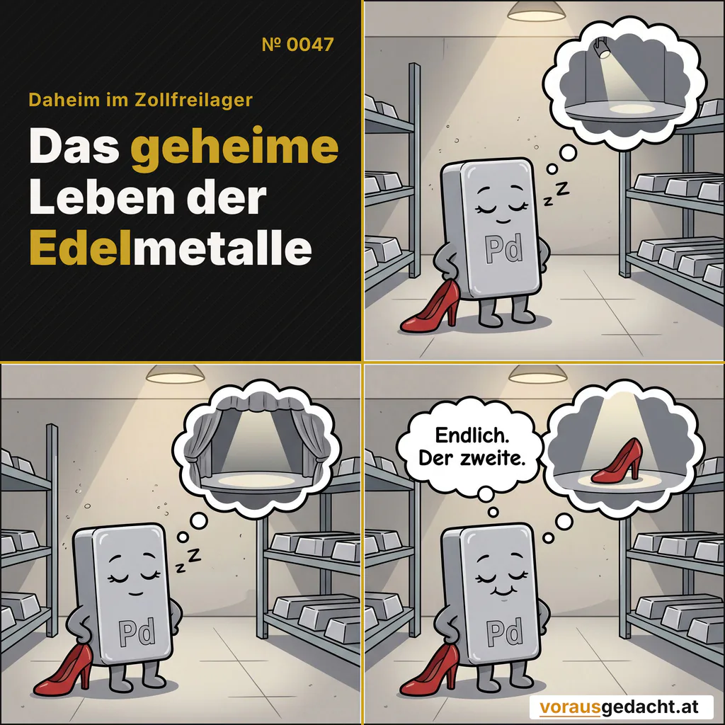 Manche Träume sind ganz einfach: was fehlt, taucht auf. Comic-Strip Nr. 0047: „Was Palladette träumt“. Bild 1: Palladette allein im Regal, die Augen geschlossen. Über ihr eine Gedankenblase: eine leere Bühne, ein Scheinwerfer auf nichts gerichtet. Bild 2: Gleiche Einstellung. Die Blase ist gewachsen: darin hebt sich langsam ein Samtvorhang und gibt noch mehr leere Bühne frei. Bild 3: In der Blase steht jetzt der zweite rote Schuh allein und angestrahlt in der Bühnenmitte. Palladettes Mund wird zu einem zufriedenen Strich. Palladette denkt: „Endlich. Der zweite.“