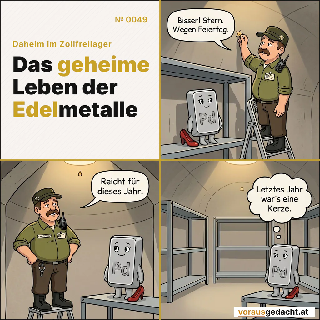 Sepps Feiertags-Budget skaliert nach unten. Palladette führt Buch. Comic-Strip Nr. 0049: „Eine Kerze weniger“. Bild 1: Sepp befestigt auf einer kleinen Trittleiter einen einzelnen winzigen Stern aus Goldpapier mit einer Reißzwecke an der Decke über einem Regal. Palladette steht reglos darunter, der rote Schuh an ihrem Fuß. Sepp sagt: „Bisserl Stern. Wegen Feiertag.“ Bild 2: Sepp ist heruntergestiegen und betrachtet zufrieden sein Werk, die Hände in den Hüften. Der Stern ist lächerlich klein gegen die riesige Betondecke. Palladette blickt ausdruckslos nach oben. Sepp sagt: „Reicht für dieses Jahr.“ Bild 3: Weite Einstellung der leeren Lagerdecke. Der winzige Stern ist kaum noch zu erkennen. Palladette schaut geradeaus. Palladette denkt: „Letztes Jahr war's eine Kerze.“