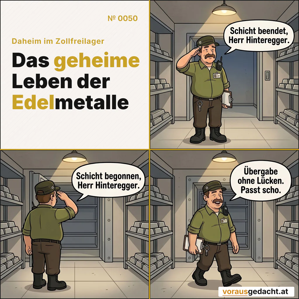 Wachwechsel braucht eigentlich zwei. Sepp ist beide. Comic-Strip Nr. 0050: „Übergabe ohne Lücken“. Bild 1: Sepp steht im Morgengrauen allein am Lagereingang, dem leeren Gang zugewandt, die rechte Hand zum förmlichen Gruß an der Mütze. Klemmbrett unter dem Arm, Thermoskanne an der Hüfte. Sepp sagt: „Schicht beendet, Herr Hinteregger.“ Bild 2: Dieselbe Stelle: Sepp hat sich um 180 Grad gedreht und grüßt nun genauso förmlich in das offene Lagerinnere hinein. Sepp sagt: „Schicht begonnen, Herr Hinteregger.“ Bild 3: Sepp geht zufrieden ins Lager, die Hand wieder unten, ein kleines Lächeln, die Mütze gerade. Sepp sagt: „Übergabe ohne Lücken. Passt scho.“