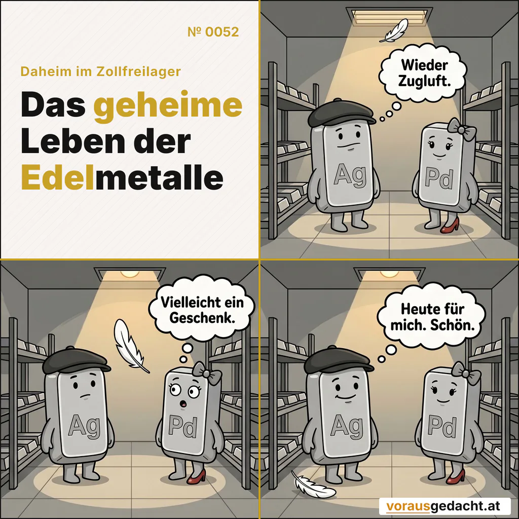 Manche Geschenke kommen durchs Lüftungsgitter. Adressiert ist immer jemand. Comic-Strip Nr. 0052: „Geschenk“. Bild 1: Silbert und Palladette in benachbarten Regalen, kein Mensch da. Durch das hohe Lüftungsgitter fällt Nachmittagslicht – darin schwebt oben im Bild eine kleine weiße Feder herab. Silbert blickt auf. Silbert denkt: „Wieder Zugluft.“ Bild 2: Gleiche Einstellung: Die Feder ist jetzt deutlich zwischen den beiden zu sehen, mitten im Fall, hell gegen das warme Licht. Palladette denkt: „Vielleicht ein Geschenk.“ Bild 3: Gleiche Einstellung: Die Feder ist vor Silbert auf dem Regalboden gelandet, weiß auf Stahl. Beide sehen sie an. Silbert denkt: „Heute für mich. Schön.“