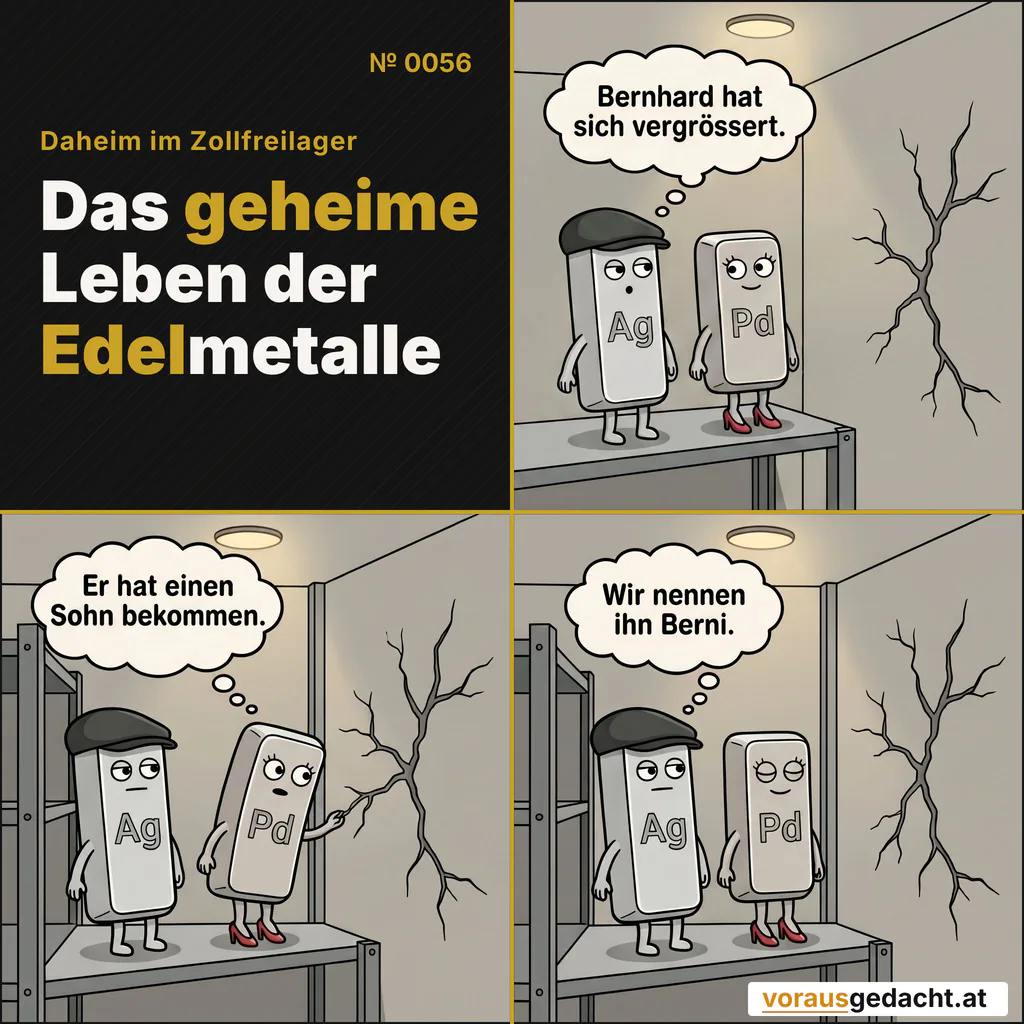 Familien wachsen leise. Auch in Wänden. Comic-Strip Nr. 0056: „Bernhard wächst“. Bild 1: Silbert und Palladette im Regal, kein Mensch da. Gegenüber an der Wand ein Riss – deutlich größer als zuvor und leicht verzweigt. Silbert denkt: „Bernhard hat sich vergrössert.“ Bild 2: Gleiche Einstellung: Palladette legt den Kopf schief und mustert den neuen Ast des Risses. Palladette denkt: „Er hat einen Sohn bekommen.“ Bild 3: Gleiche Einstellung: Silbert schaut ausdruckslos, Palladette gelassen. Der Riss ist immer noch da. Silbert denkt: „Wir nennen ihn Berni.“