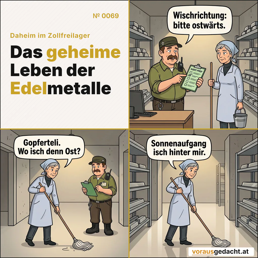 Audit-Vorbereitung. Sepp instruiert in Himmelsrichtungen. Frau Hubeli wischt, wie sie wischt. Comic-Strip Nr. 0069: „Wischrichtung“. Bild 1: Sepp hält an seinem Schreibtisch eine grüne Checkliste hoch und zeigt bestimmt auf einen Punkt. Frau Hubeli steht mit Mopp und Eimer daneben und hört höflich zu, den Kopf geneigt. Sepp sagt: „Wischrichtung: bitte ostwärts.“ Bild 2: Frau Hubeli wischt den Gang in ruhigen, entschiedenen Zügen – deutlich in eine andere Richtung, als Sepps Finger gezeigt hat. Sepp hakt hinter ihr zufrieden die Liste ab und merkt nichts. Frau Hubeli sagt: „Gopferteli. Wo isch denn Ost?“ Bild 3: Der Boden glänzt. Sepp ist samt Liste verschwunden. Frau Hubeli ist schon weiter, der Mopp im nächsten Gang, so gelassen wie zuvor. Frau Hubeli sagt: „Sonnenaufgang isch hinter mir.“