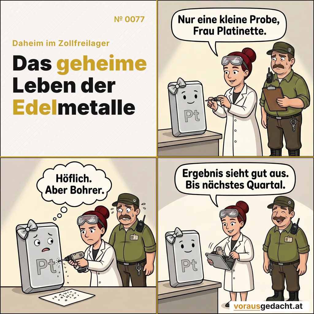 Quartalsweise Höflichkeit. Mit Bohrer. Comic-Strip Nr. 0077: „Nur eine Probe“. Bild 1: Frau Dr. Assay steht im Kittel an Platinettes Regal, den winzigen Bohrer vorsichtig in der Hand. Sepp dahinter mit Klemmbrett, besorgter Blick. Platinette steht vollkommen reglos. Frau Dr. Assay sagt: „Nur eine kleine Probe, Frau Platinette.“ Bild 2: Der Bohrer läuft, feine Späne fallen auf ein Papier. Sepp zuckt zusammen. Platinette unverändert, die Augen nur eine Spur nach oben gewandert. Platinette denkt: „Höflich. Aber Bohrer.“ Bild 3: Frau Dr. Assay packt zusammen. Platinette steht wie zuvor, Sepp ist sichtlich erleichtert. Frau Dr. Assay sagt: „Ergebnis sieht gut aus. Bis nächstes Quartal.“