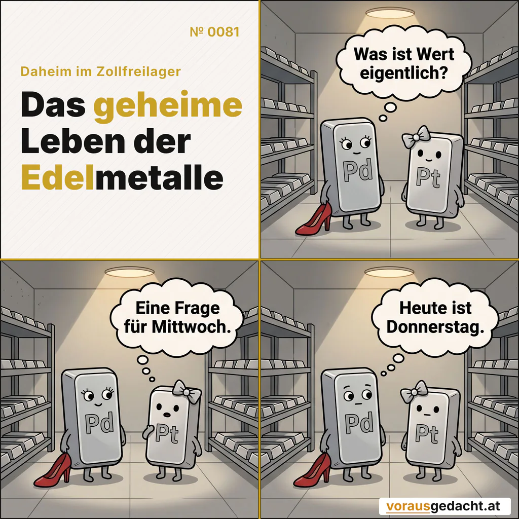 Definitionen verschieben sich gerne. Vor allem über Nacht. Comic-Strip Nr. 0081: „Was ist Wert“. Bild 1: Palladette und Platinette im Regal, kein Mensch da, beide blicken in den Gang hinaus. Palladette denkt: „Was ist Wert eigentlich?“ Bild 2: Gleiche Einstellung: Platinettes Schleife verrutscht nachdenklich um eine Winzigkeit. Platinette denkt: „Eine Frage für Mittwoch.“ Bild 3: Gleiche Einstellung: Palladettes Blick kehrt in die Neutrale zurück. Palladette denkt: „Heute ist Donnerstag.“