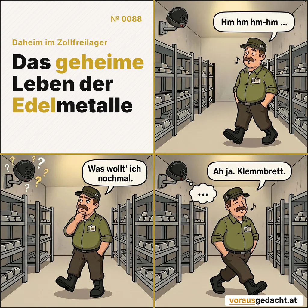 Kamera 47 ist die diskreteste Kollegin im Lager. Aber sie folgt jeder Bewegung. Comic-Strip Nr. 0088: „Linse folgt“. Bild 1: Seitenansicht des langen Gangs zwischen den Regalreihen. Sepp geht pfeifend nach rechts, die Hand in der Tasche. Oben links an der Wand hängt Kamera 47, die rote Leuchte an – ihr Objektiv ist deutlich nach rechts geschwenkt und folgt ihm wie ein gedrehter Kopf. Sepp sagt: „Hm hm hm-hm …“ Bild 2: Gleicher Gang: Sepp ist unter der Kamera stehen geblieben, die Hand am Kinn, die Stirn gerunzelt. Das Objektiv von Kamera 47 zeigt jetzt senkrecht nach unten, direkt auf ihn. Sepp sagt: „Was wollt' ich nochmal.“ Bild 3: Gleicher Gang: Sepp geht zügig nach links zurück und pfeift wieder. Das Objektiv ist unverkennbar nach links geschwenkt und folgt ihm in die neue Richtung. Sepp sagt: „Ah ja. Klemmbrett.“