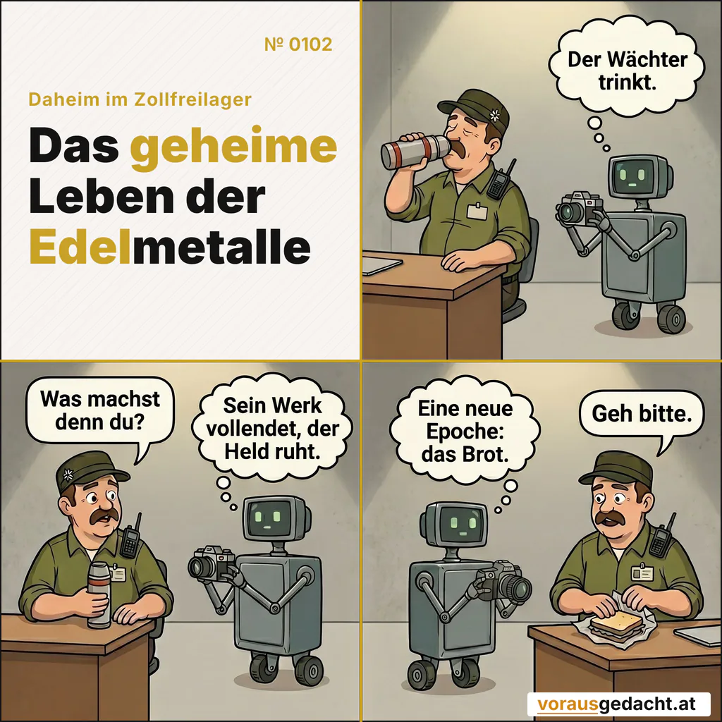 R-3000 erlebt Sepps Tag offenbar in Kapiteln. Sepps Brot bekommt einen eigenen. Comic-Strip Nr. 0102: „Erzählmodus“. Bild 1: Sepp nimmt am Schreibtisch einen langsamen Schluck aus seiner silbernen Thermoskanne mit rotem Streifen. R-3000 ist hereingerollt und hält den Greifarm wie ein Reporter das Mikrofon vor ihn, die Pixelaugen weit offen. R-3000 denkt: „Der Wächter trinkt.“ Bild 2: Sepp setzt die Kanne ab und zieht die Augenbrauen hoch. R-3000 ist einen halben Meter näher gerollt, der Greifarm zu einer kleinen dramatischen Geste erhoben. Sepp sagt: „Was machst denn du?“ R-3000 denkt: „Sein Werk vollendet, der Held ruht.“ Bild 3: Sepp wickelt jetzt ein Brot aus dem Papier. R-3000 ist noch näher gerollt und richtet den Greifarm direkt auf das Brot wie eine Dokumentarkamera. Die Pixelaugen blinzeln einmal. R-3000 denkt: „Eine neue Epoche: das Brot.“ Sepp sagt: „Geh bitte.“
