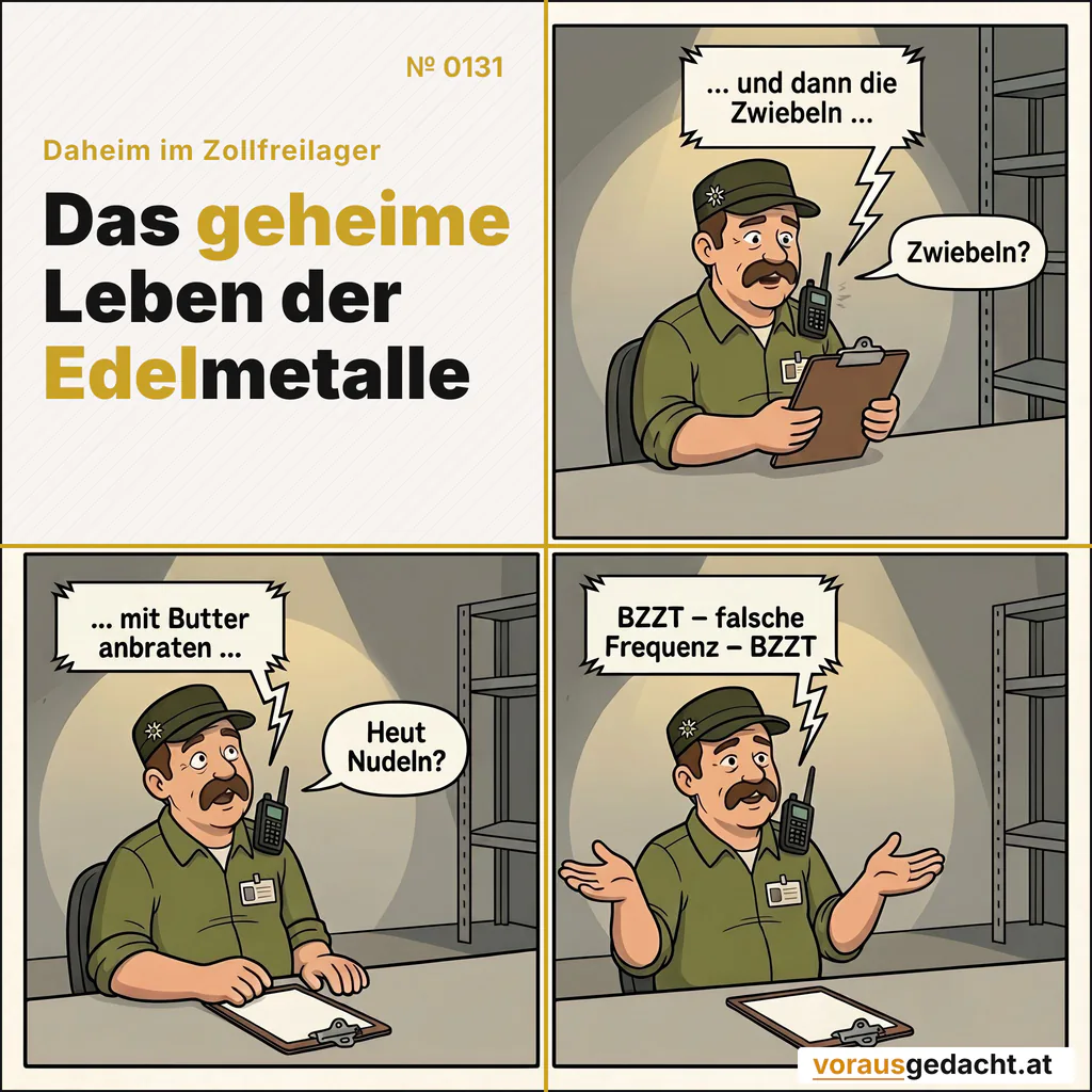 Manchmal funkt eine Kochsendung dazwischen. Sepp hätte mitgekocht. Comic-Strip Nr. 0131: „Kochsendung“. Bild 1: Sepp am Schreibtisch, das Funkgerät knackt deutlich. Er hält inne und hört zu. Der Chef funkt: „… und dann die Zwiebeln …“ Sepp sagt: „Zwiebeln?“ Bild 2: Gleicher Schreibtisch: Das Funkgerät redet weiter. Sepp legt ratlos den Kopf schief. Der Chef funkt: „… mit Butter anbraten …“ Sepp sagt: „Heut Nudeln?“ Bild 3: Gleicher Schreibtisch: Aus dem Funkgerät kommt wieder nur Rauschen. Sepp zuckt mit den Schultern. Der Chef funkt: „BZZT – falsche Frequenz – BZZT“ Sepp sagt: „Wär eh besser g'wesen.“