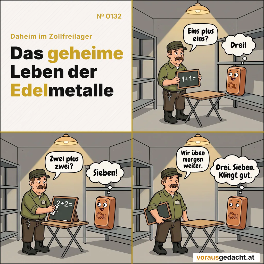 Sepp gibt Nachhilfe. Kupferli hört zu, lernt etwas anderes. Comic-Strip Nr. 0132: „Mathestunde“. Bild 1: Sepp hat einen kleinen Klapptisch neben Kupferlis niedrigem Regal aufgestellt und hält eine schwarze Tafel hoch, auf der „1+1=“ steht. Kupferli sieht mit großen, aufgeregten Augen zu. Sepp sagt: „Eins plus eins?“ Kupferli denkt: „Drei!“ Bild 2: Gleicher Tisch: Sepp wischt die Tafel und schreibt deutlich „2+2=“ darauf. Kupferli unverändert, die Augen weiter groß. Sepp sagt: „Zwei plus zwei?“ Kupferli denkt: „Sieben!“ Bild 3: Sepp klemmt sich die Tafel zufrieden unter den Arm und packt zusammen. Kupferli wirkt sehr zufrieden mit sich. Sepp sagt: „Wir üben morgen weiter.“ Kupferli denkt: „Drei. Sieben. Klingt gut.“