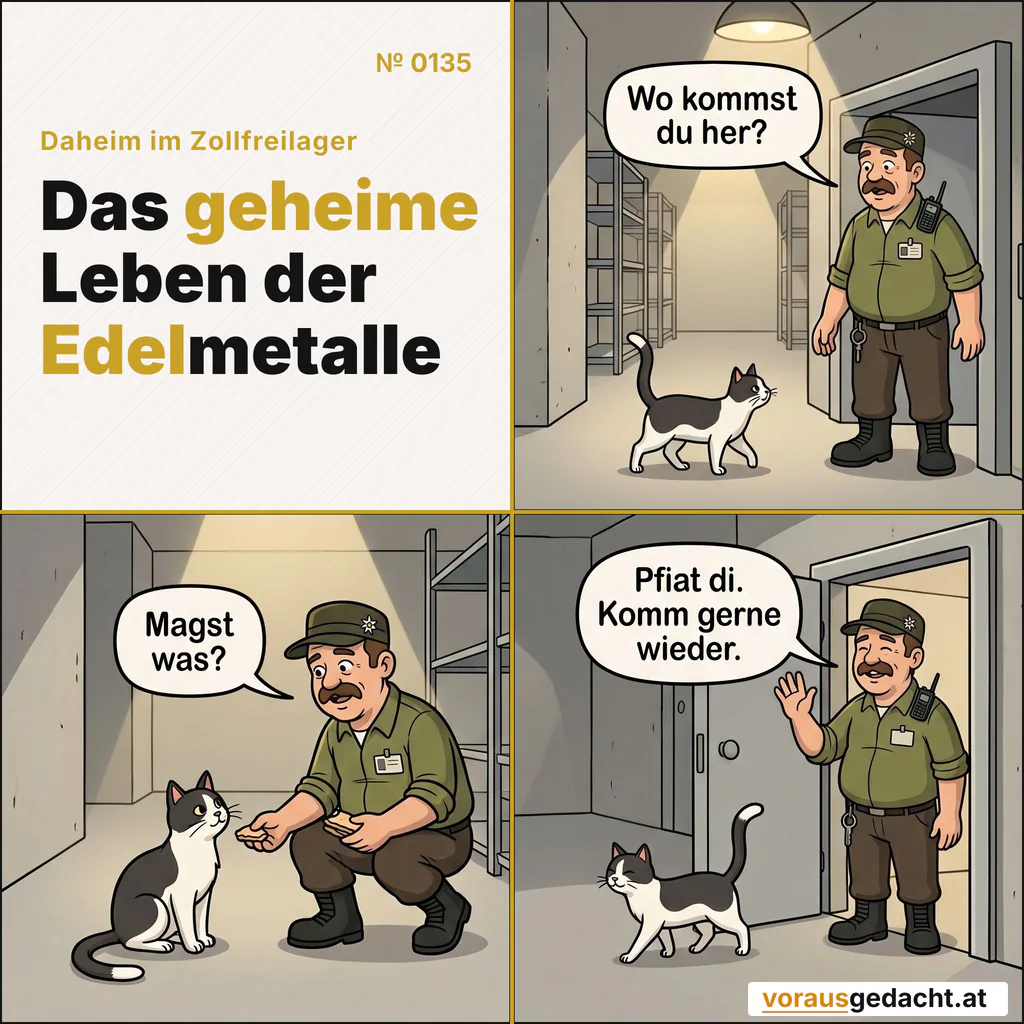 Manche Besucher haben keine Anmeldung. Manche brauchen auch keine. Comic-Strip Nr. 0135: „Streuner“. Bild 1: Sepp steht überrascht im offenen Lagertor und macht einen halben Schritt zurück. Eine kleine schwarz-weiße Katze ohne Halsband spaziert mit aufgestelltem Schwanz an ihm vorbei in den Gang. Sepp sagt: „Wo kommst du her?“ Bild 2: Die Katze sitzt jetzt auf dem Gangboden, den Schwanz um die Pfoten gelegt. Sepp kniet daneben und hält ihr ein Stück seines Brotes hin. Sepp sagt: „Magst was?“ Bild 3: Die Katze verlässt mit hoch erhobenem Schwanz das offene Lagertor. Sepp steht in der Tür, winkt und lächelt zufrieden. Sepp sagt: „Pfiat di. Komm gerne wieder.“