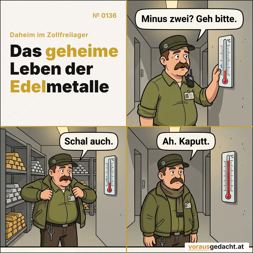 Sepp passt sich der Realität an. Die Realität ist heute kaputt. Comic-Strip Nr. 0136: „Minus zwei“. Bild 1: Sepp betrachtet im Gang aufmerksam ein Wandthermometer. Die rote Säule steht deutlich sichtbar bei minus zwei Grad. Sepp sagt: „Minus zwei? Geh bitte.“ Bild 2: Sepp zieht sich an der Garderobe eine dickere Jacke über das Arbeitshemd. Im Hintergrund steht das Thermometer weiter bei minus zwei Grad. Sepp sagt: „Schal auch.“ Bild 3: Sepp steht mit Schal und Jacke wieder vor dem Thermometer. Die Säule ist jetzt bis auf dreißig Grad gestiegen. Sein Gesicht bleibt ausdruckslos. Sepp sagt: „Ah. Kaputt.“
