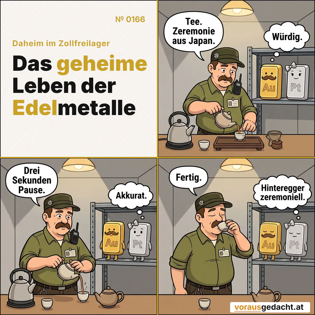 Sepp zelebriert Tee. Goldbert und Platinette zelebrieren mit. Comic-Strip Nr. 0166: „Tee-Zeremonie“. Bild 1: Sepp vollzieht an seinem Schreibtisch eine umständliche Teezeremonie: Kessel, Keramikkanne, winzige Porzellantasse, bedächtige Handgriffe. Goldbert und Platinette stehen im Regal dahinter. Sepp sagt: „Tee. Zeremonie aus Japan.“ Goldbert denkt: „Würdig.“ Bild 2: Sepp gießt hochkonzentriert mit beiden Händen den Tee ein. Die beiden Barren stehen unverändert. Sepp sagt: „Drei Sekunden Pause.“ Platinette denkt: „Akkurat.“ Bild 3: Sepp hebt die Tasse behutsam und trinkt mit geschlossenen Augen. Auch die Augen der beiden Barren sind eine Spur geschlossen. Sepp sagt: „Fertig.“ Goldbert denkt: „Hinteregger zeremoniell.“