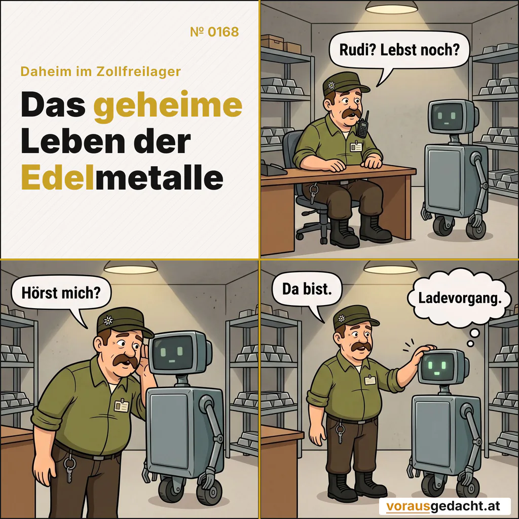 Rudi macht Pause auf seine Art. Sepp bemerkt es immer zu spät. Comic-Strip Nr. 0168: „Stille“. Bild 1: Sepp am Schreibtisch. R-3000 steht daneben, vollkommen reglos – beide Pixelaugen dunkel, keine Leuchte, kein Summen. Unheimlich still. Sepp sagt: „Rudi? Lebst noch?“ Bild 2: Sepp beugt sich mit dem Ohr dicht an das Gehäuse. R-3000 rührt sich nicht. Sepp sagt: „Hörst mich?“ Bild 3: Sepp klopft R-3000 sanft auf den eckigen Kopf. Die Pixelaugen leuchten schwach auf und blinzeln einmal. Sepp ist zufrieden. Sepp sagt: „Da bist.“ R-3000 denkt: „Ladevorgang.“