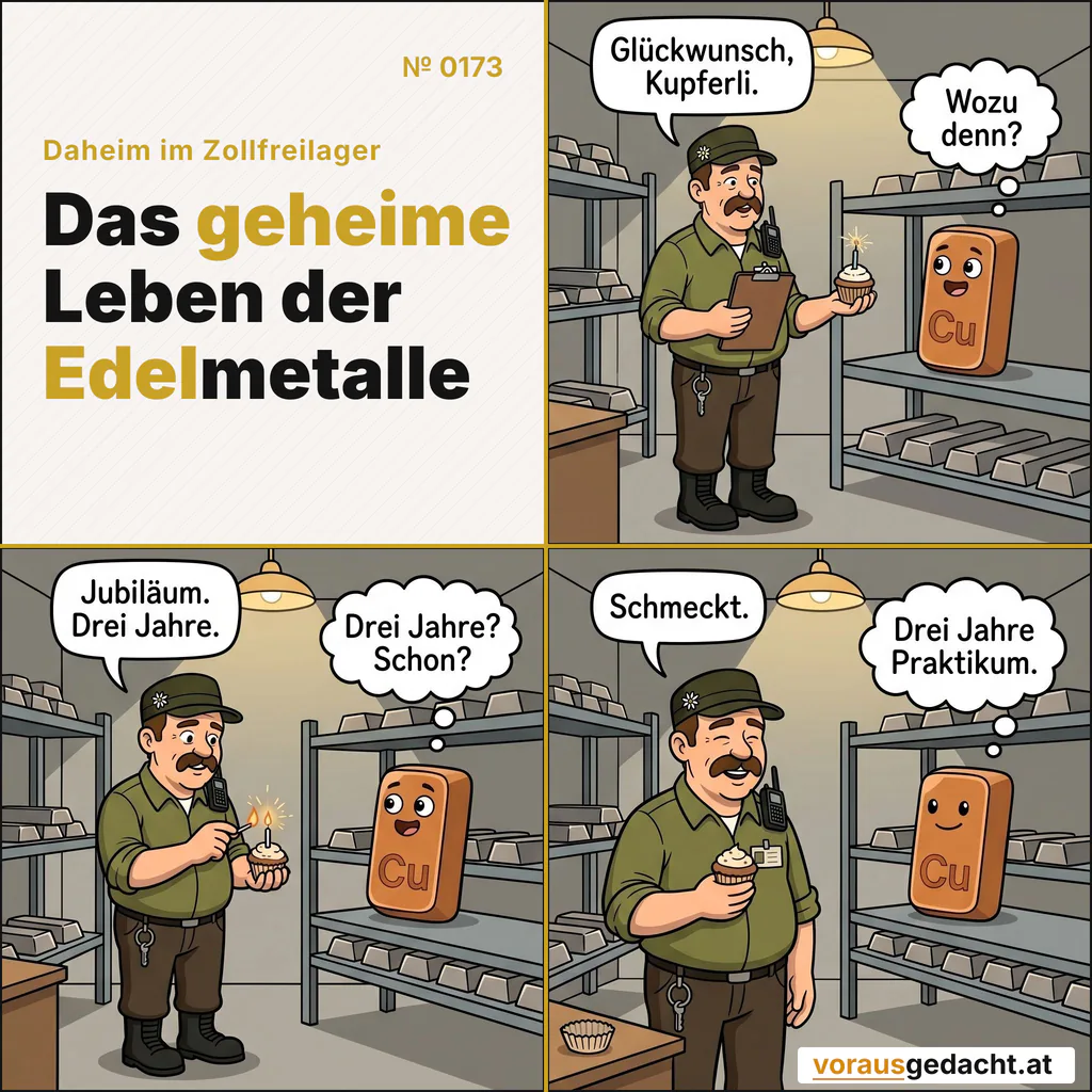 Kupferli feiert drei Jahre. Sepp bringt Torte. Praktikant bleibt Praktikant. Comic-Strip Nr. 0173: „Glückwunsch, Kupferli“. Bild 1: Sepp steht an Kupferlis niedrigem Regal und hält ein kleines Törtchen mit einer dünnen Wunderkerze hoch. Kupferli macht ganz große Augen. Sepp sagt: „Glückwunsch, Kupferli.“ Kupferli denkt: „Wozu denn?“ Bild 2: Sepp zündet die Kerze mit einem Streichholz an, Funken sprühen. Kupferlis Augen werden noch größer. Sepp sagt: „Jubiläum. Drei Jahre.“ Kupferli denkt: „Drei Jahre? Schon?“ Bild 3: Sepp isst das Törtchen selbst und ist sehr zufrieden; das leere Papierförmchen liegt auf dem Schreibtisch. Kupferli wirkt trotzdem zufrieden. Sepp sagt: „Schmeckt.“ Kupferli denkt: „Drei Jahre Praktikum.“