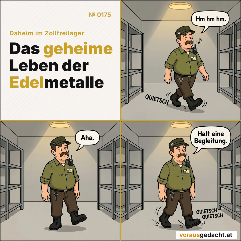 Im Lager geht Sepp selten allein. Manchmal begleitet ihn der eigene Schuh. Comic-Strip Nr. 0175: „Knarrender Schuh“. Bild 1: Weite Einstellung eines leeren, stillen Gangs. Sepp geht pfeifend nach rechts. Aus seinem linken Schuh kommt ein deutlich sichtbares „QUIETSCH“ mit Bewegungsstrichen. Sepp sagt: „Hm hm hm.“ Bild 2: Sepp ist mitten im Gang stehen geblieben, einen Fuß leicht angehoben, den Kopf lauschend geneigt. Vollkommene Stille. Sepp sagt: „Aha.“ Bild 3: Sepp geht weiter. Bei jedem Schritt quietscht es wieder laut. Sein Gesicht bleibt vollkommen neutral. Sepp sagt: „Halt eine Begleitung.“