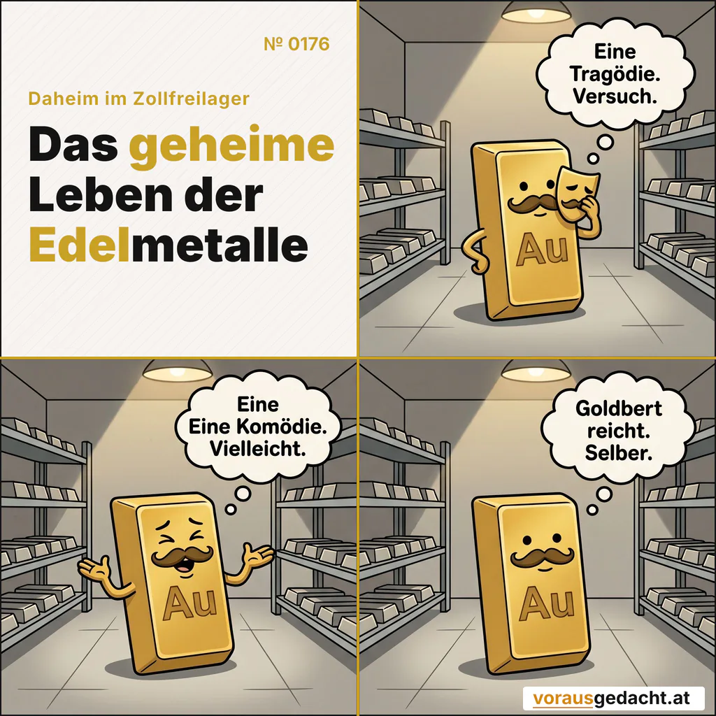 Goldbert übt Mienenspiel. Niemand schaut zu, alle Rollen verfügbar. Comic-Strip Nr. 0176: „Mienenspiel“. Bild 1: Goldbert allein im Regal, kein Mensch da. Er hat kurze Arme ausgefahren und hält sich einen davon theatralisch vors Gesicht wie eine Maske. Goldbert denkt: „Eine Tragödie. Versuch.“ Bild 2: Gleiches Regal: Goldbert in anderer Pose, beide Arme gestikulieren wie bei einem Komödianten, die Augen in gespieltem Lachen zusammengekniffen. Goldbert denkt: „Eine Komödie. Vielleicht.“ Bild 3: Gleiches Regal: Goldbert steht wieder aufrecht, keine Arme mehr zu sehen, alles an seinem Platz. Die Augen zufrieden. Goldbert denkt: „Goldbert reicht. Selber.“