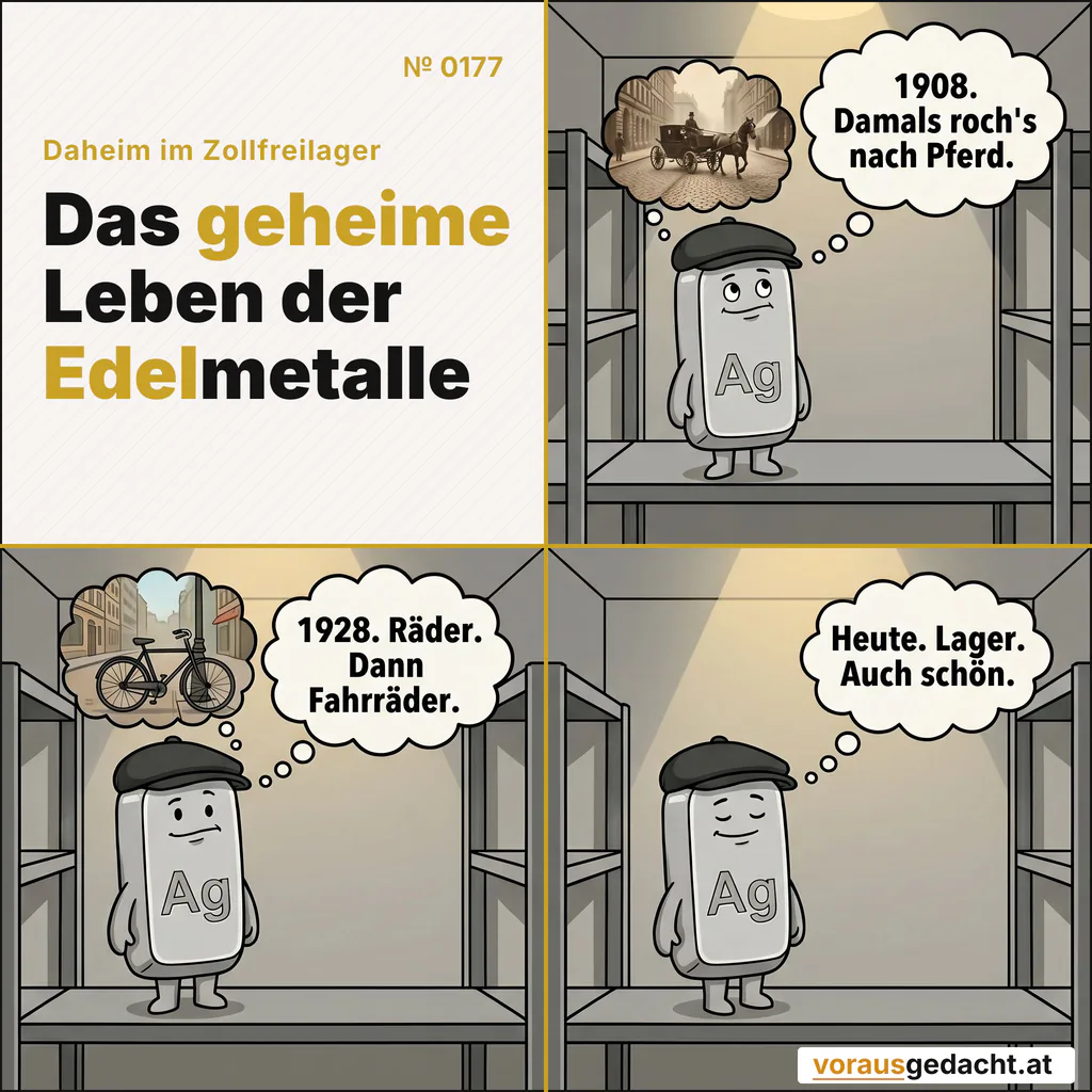Silbert erinnert sich an Pferdegeruch. Heute riecht's nach Putzmittel. Comic-Strip Nr. 0177: „1908“. Bild 1: Silbert allein im Regal, kein Mensch da, den Blick nachdenklich gehoben. Über ihm eine Gedankenblase: eine sepiafarbene Kopfsteinpflasterstraße, über die eine Pferdekutsche fährt. Silbert denkt: „1908. Damals roch's nach Pferd.“ Bild 2: Gleiche Einstellung. Silbert unverändert. In der Blase dieselbe Straße, nur später und farbiger: ein schwarzes Fahrrad lehnt an einem Laternenmast. Silbert denkt: „1928. Räder. Dann Fahrräder.“ Bild 3: Gleiche Einstellung. Die Blase hat sich aufgelöst. Silberts Augen sind eine Spur geschlossen. Silbert denkt: „Heute. Lager. Auch schön.“