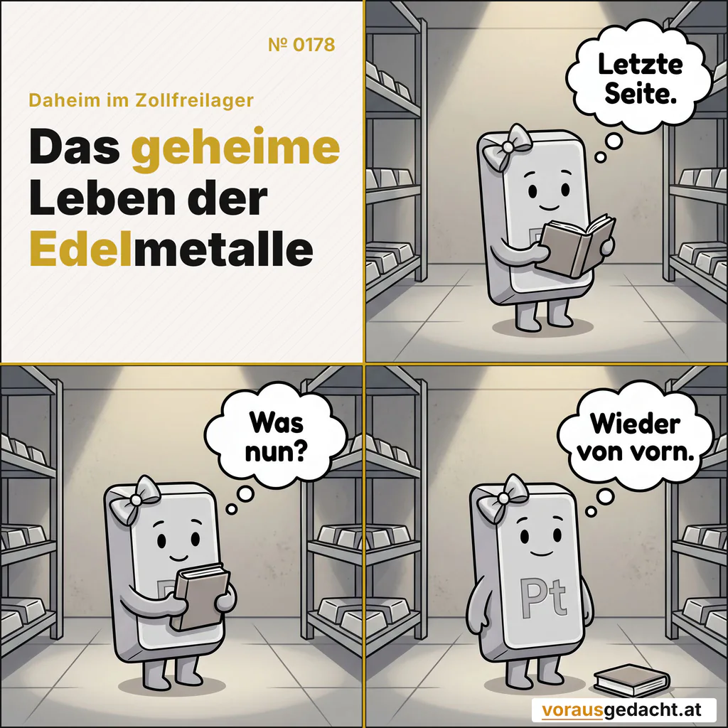 Ein gutes Buch endet. Ein besseres beginnt von vorn. Comic-Strip Nr. 0178: „Letzte Seite“. Bild 1: Platinette allein im Regal, kein Mensch da. Sie hält mit ihren kurzen Armen ein winziges gebundenes Buch aufgeschlagen vor sich und liest die letzte Seite. Platinette denkt: „Letzte Seite.“ Bild 2: Gleiches Regal: Platinette schlägt das Buch behutsam mit beiden Armen zu und hält es an sich. Platinette denkt: „Was nun?“ Bild 3: Gleiches Regal: Platinette steht wieder aufrecht, keine Arme mehr zu sehen. Das winzige Buch liegt neben ihr flach auf dem Regalboden. Platinette denkt: „Wieder von vorn.“