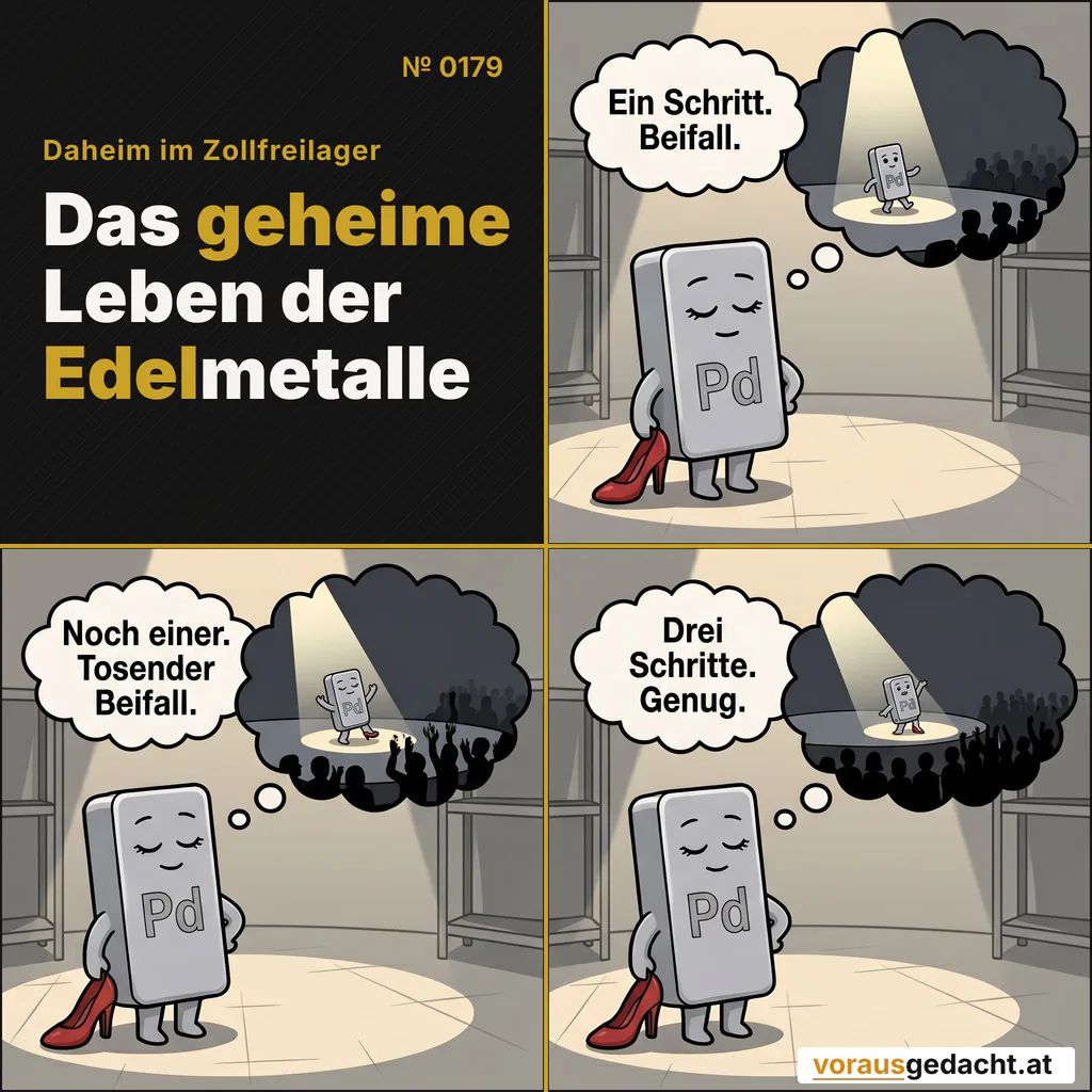 Palladette träumt vom großen Auftritt. Drei Schritte reichen. Comic-Strip Nr. 0179: „Schritt zur Seite“. Bild 1: Palladette allein im Regal, kein Mensch da, die Augen geschlossen. Über ihr eine Traumblase: eine winzige Palladette macht auf einer Bühne im Scheinwerferlicht einen dramatischen Schritt zur Seite; im Dunkeln sind Zuschauersilhouetten zu erkennen. Palladette denkt: „Ein Schritt. Beifall.“ Bild 2: Gleiche Einstellung. In der Blase hat die winzige Palladette einen weiteren Schritt zur Seite gemacht, das Publikum applaudiert sichtbar lauter. Palladette denkt: „Noch einer. Tosender Beifall.“ Bild 3: Gleiche Einstellung. In der Blase steht die winzige Palladette am Bühnenrand, das Publikum in stehenden Ovationen. Die echte Palladette lächelt winzig. Palladette denkt: „Drei Schritte. Genug.“