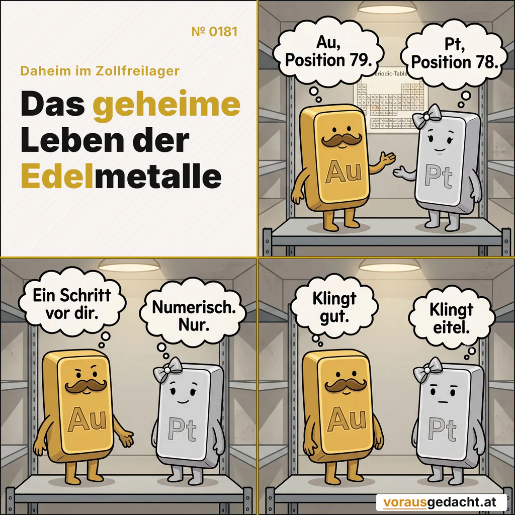 Position 79 ist eine Zahl. Goldbert macht ein Gedicht daraus. Comic-Strip Nr. 0181: „Periodensystem“. Bild 1: Goldbert und Platinette allein im Regal, kein Mensch da. An der Wand dahinter hängt ein kleines Periodensystem, die Elemente 78 und 79 blass hervorgehoben. Goldbert denkt: „Au, Position 79.“ Platinette denkt: „Pt, Position 78.“ Bild 2: Gleiches Regal: Goldberts Augen wandern eine Spur zu Platinette hinüber, betont dramatisch. Goldbert denkt: „Ein Schritt vor dir.“ Platinette denkt: „Numerisch. Nur.“ Bild 3: Gleiches Regal: Goldbert zufrieden, der Schnurrbart tadellos. Platinette ausdruckslos. Goldbert denkt: „Klingt gut.“ Platinette denkt: „Klingt eitel.“