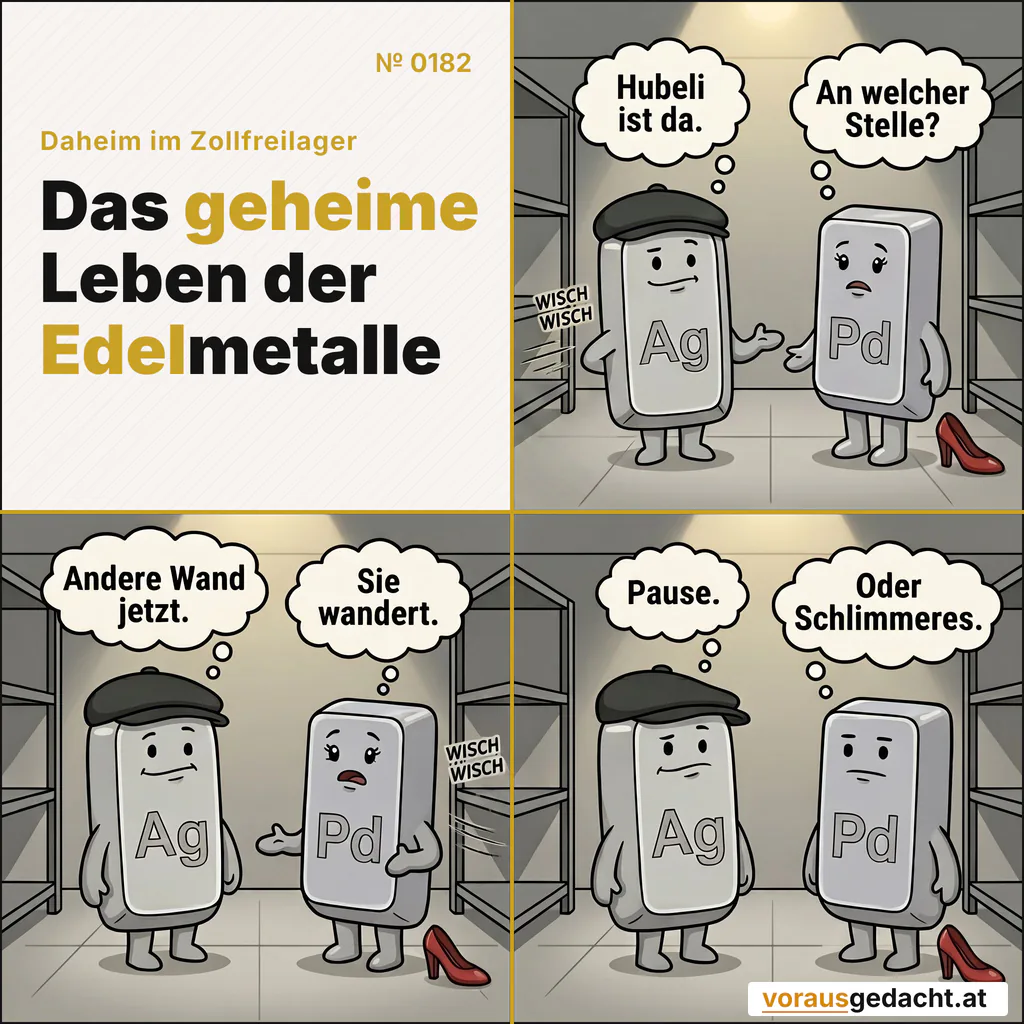 Aus dem Wischrhythmus liest Silbert den ganzen Tag. Palladette ahnt mehr. Comic-Strip Nr. 0182: „Wischmop-Geräusche“. Bild 1: Silbert und Palladette allein im Regal, kein Mensch da. Vom Gang links außerhalb des Bildes dringt ein leises „WISCH WISCH“ mit Bewegungsstrichen herein. Silbert denkt: „Hubeli ist da.“ Palladette denkt: „An welcher Stelle?“ Bild 2: Gleiches Regal: Das „WISCH WISCH“ kommt jetzt von rechts außerhalb des Bildes. Beide Barren unverändert. Silbert denkt: „Andere Wand jetzt.“ Palladette denkt: „Sie wandert.“ Bild 3: Gleiches Regal: Vollkommene Stille, keine Geräuschstriche mehr. Beide schauen ausdruckslos. Silbert denkt: „Pause.“ Palladette denkt: „Oder Schlimmeres.“