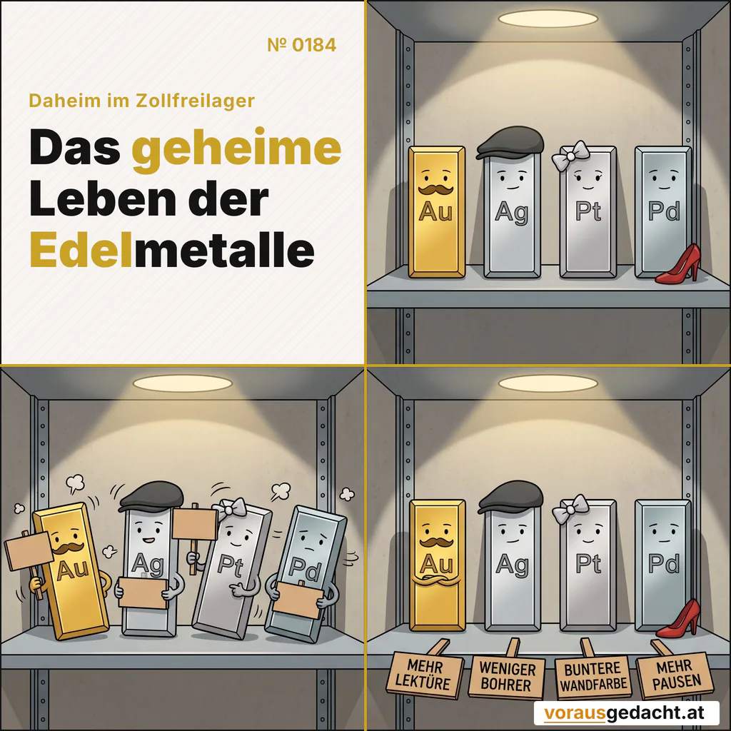 Vier Edelmetalle, vier Forderungen. Niemand sieht zu, niemand reagiert. Comic-Strip Nr. 0184: „Stille Mehrheit“. Bild 1: Alle vier Barren stehen aufrecht und reglos an ihren gewohnten Plätzen im Regal, kein Mensch da, warmes Deckenlicht auf glatter Betonwand. Bild 2: Gleiches Regal: Alle vier haben kurze Arme ausgefahren und halten je ein kleines Holzschild vor sich. Goldbert neigt sich nach links, Silbert steht gerade, Platinette und Palladette neigen sich nach rechts – eine Welle. Die vier Schilder sind leer. Bild 3: Gleiches Regal: Alle vier stehen wieder aufrecht, keine Arme mehr zu sehen. Vor ihnen liegen die vier Holzschilder flach auf dem Regalboden, jetzt beschriftet: „MEHR LEKTÜRE“, „WENIGER BOHRER“, „BUNTERE WANDFARBE“, „MEHR PAUSEN“.